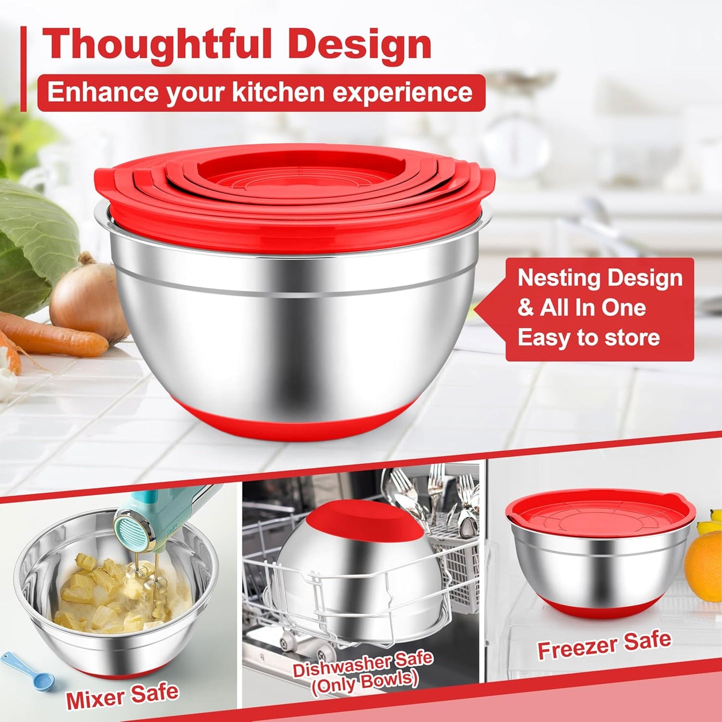 TeamFar Mixing Bowls, Red Mixing Bowls with Lids Set, Stainless Steel Nesting Salad Bowl with Air-tight Lid & Silicone Bottom, Non Slip & Stackable - Set of 6-4.6/2.6/2 / 1.5/1 / 0.7 Qt
