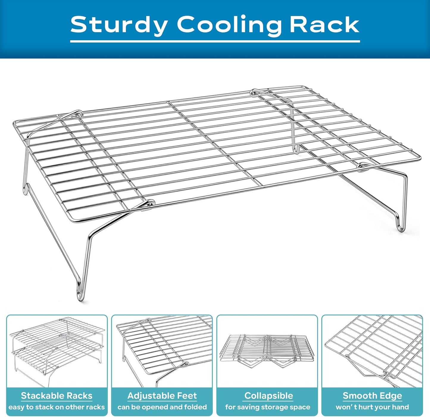 15IN x 10IN Cooling Baking Rack Set of 4, Leonyo 4-Tier Stackable Stainless Steel Wire Baking Cooking Racks Set for Cookie, Pizza, Cup Cake, Raised & Folding Feet