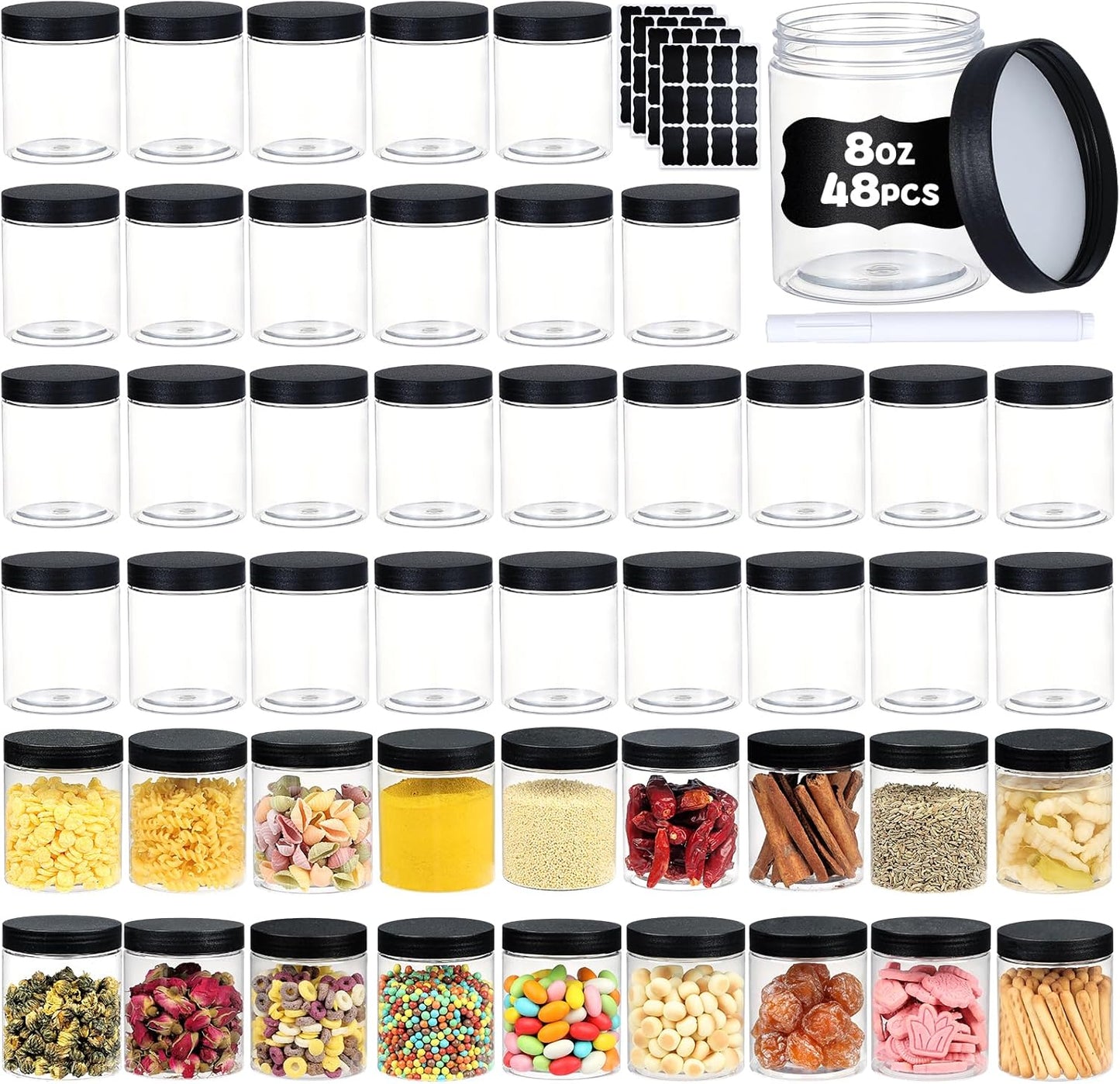 48 PCS 8 OZ Plastic Jars with Screw On Lids,Labels Refillable Empty Round Slime Containers for Storing Dry Food, Honey Jam, Cream, Butter, Lotion, black