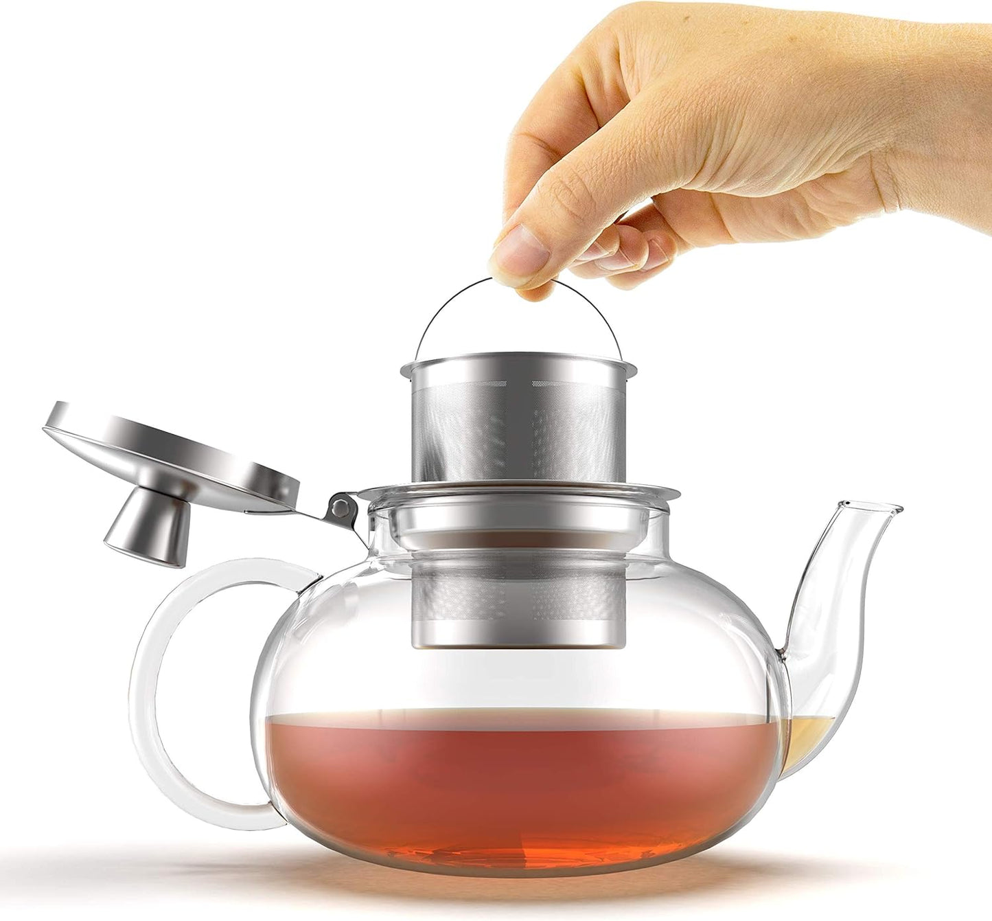 Glass Teapot Stovetop Compatible Kettle with Stainless Steel Removable Infuser, Loose Leaf Tea, Stovetop Safe Tea Pot and Strainer (27 Ounce)