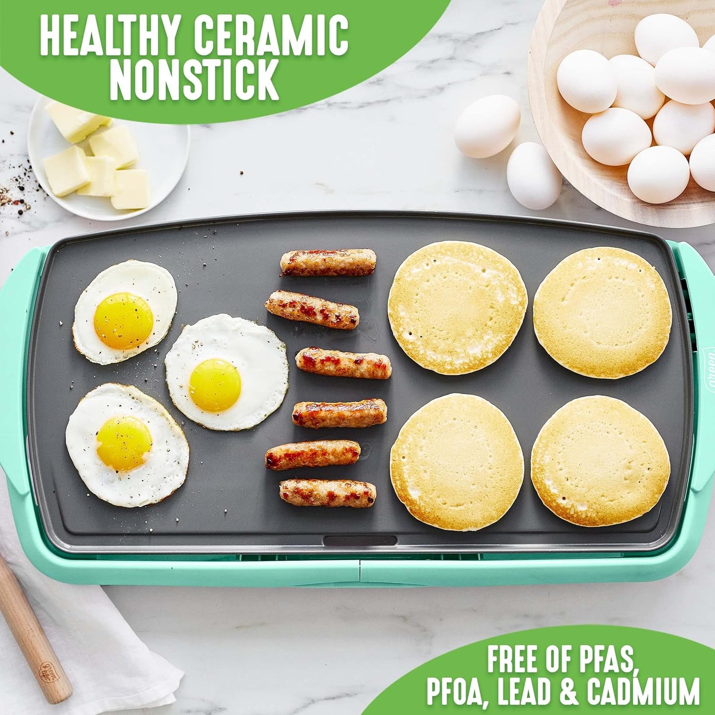 GreenLife 20” Extra Large Electric Griddle, Non-Toxic PFAS & PFOA-Free Ceramic Nonstick, Temperature Control, Quick Even Heating, Removable Drip Tray, Pancakes, Eggs, Sausage, Easy Clean, Turquoise
