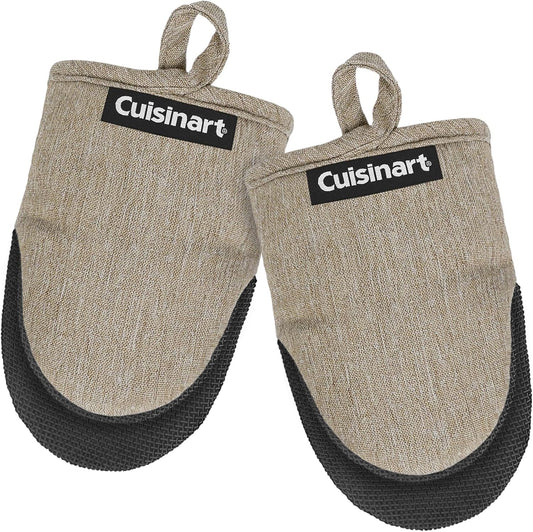 Cuisinart Mini Oven Mitts – 5.5” x 7” Heat-Resistant Kitchen Mitts for Oven with Non-Slip Neoprene Palm, Cotton Filling, and Fabric Loop – Durable Oven Mitt Set for Cooking & Baking (Taupe)