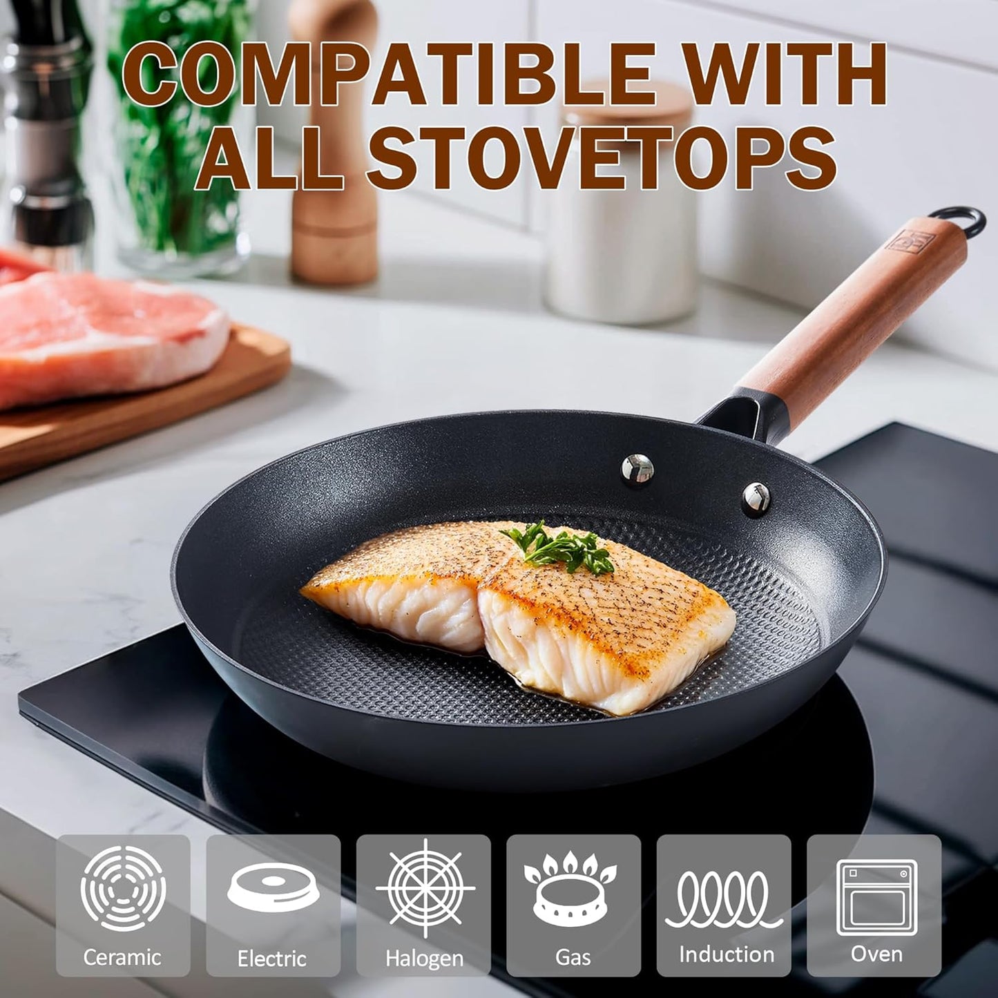 DM Cast Iron Skillet, 2 Piece Nonstick Frying Pan Set, 10 and 12 Inch with Detachable Acacia Wooden Handle, Honeycomb Non stick Omelet Egg Pan, Easy Clean Oven Safe Pans for Cooking