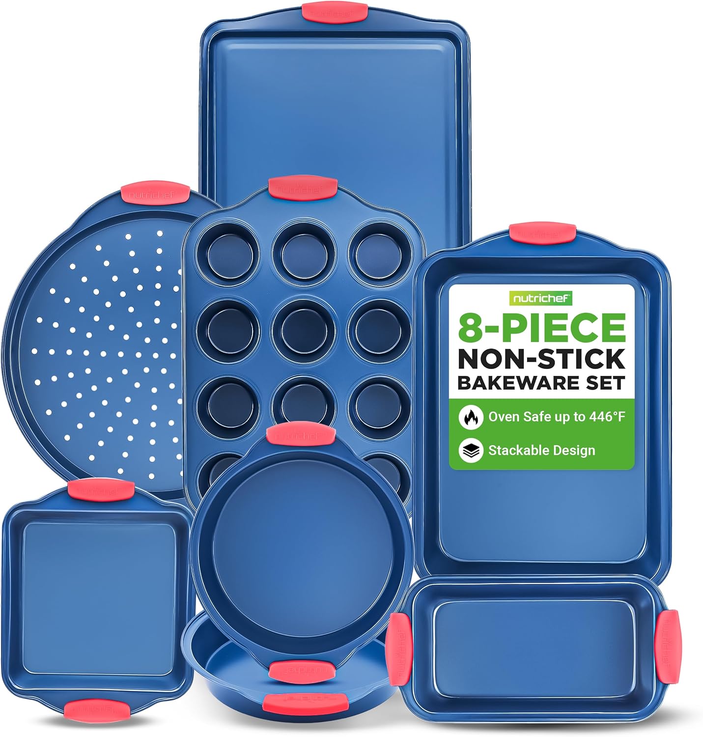 NutriChef 8-Piece Nonstick Baking Pan Set - Premium Carbon Steel Bakeware w/ Silicone Handles - Includes Pizza Tray, Loaf Pan, 12-Cup Muffin Pan, Round/Square Pans, & Cookie Sheet - Blue