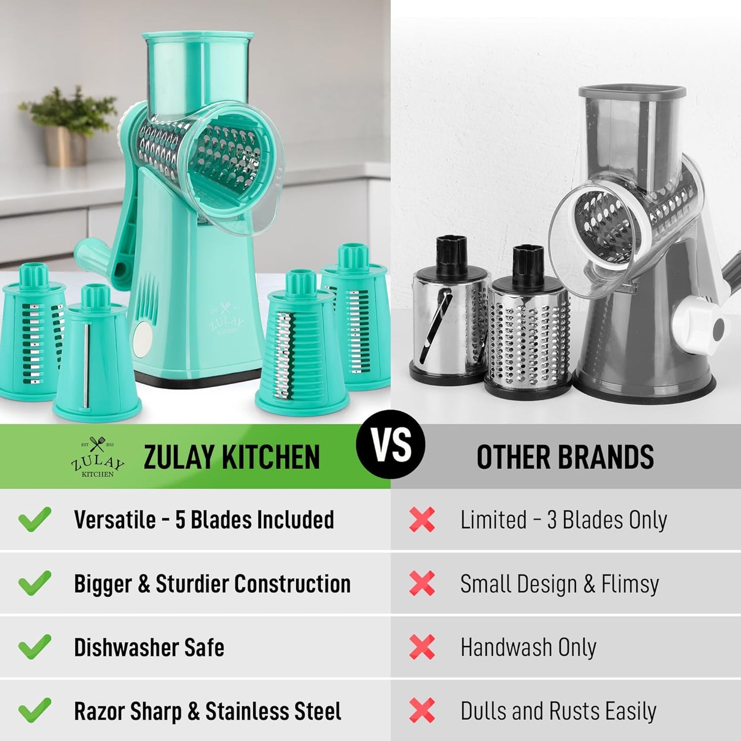 Zulay Kitchen Rotary Cheese Grater 5 Blade Cheese Shredder - Manual Hand Crank Cheese Grater With Reinforced Suction & 5 Interchangeable Drums - Easy to Use, Vegetable Chopper Round Mandoline Slicer