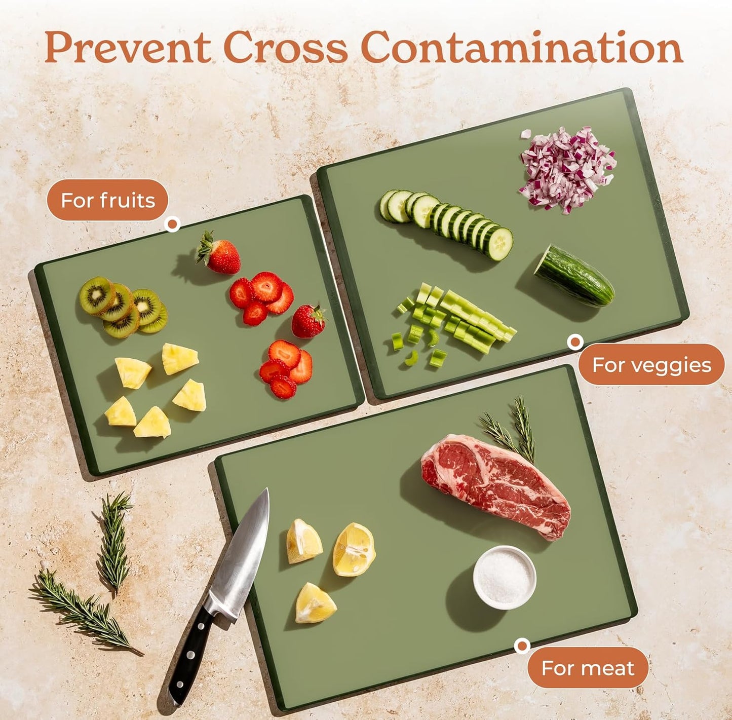 SMIRLY Plastic Cutting Board Set 3 Pieces, Non-Slip Dishwasher Safe Chopping Boards for Kitchen, Green