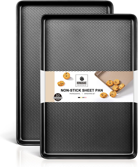 HONGBAKE 2 Pack Half Sheet Pan Set, 1/2 Cookie Sheets for Baking with Diamond Texture, 17.5" x 12" Large Baking Sheets Non Stick, Non Toxic Oven Trays for Cooking, 57% Thicker Carbon Steel, Dark Gray
