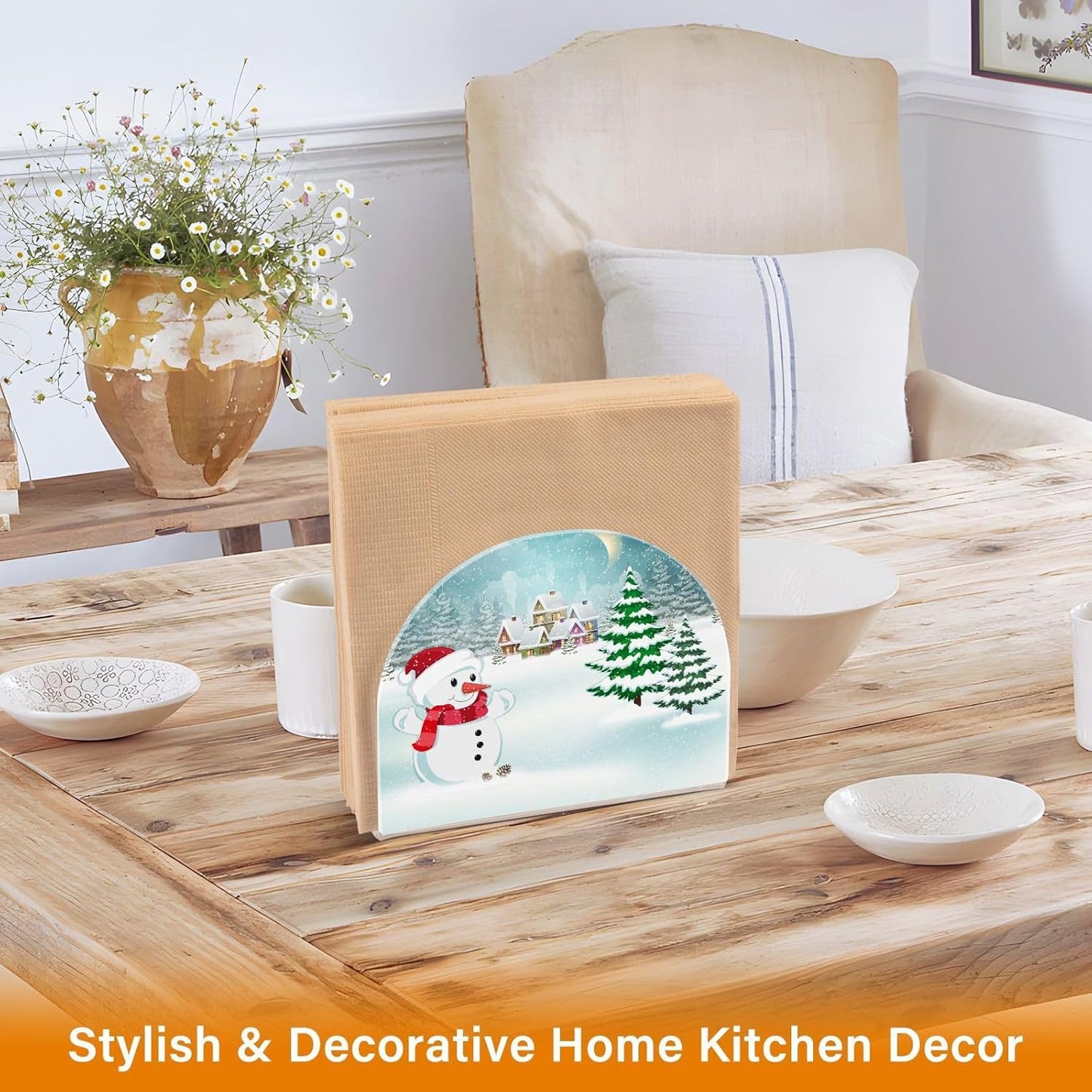 Chrsitmas Winter Village Snowman Napkin Holder for Table Paper Napkins Holder Acrylic Tissue Dispenser Kitchen Dining Room Bathroom Party Car Decor