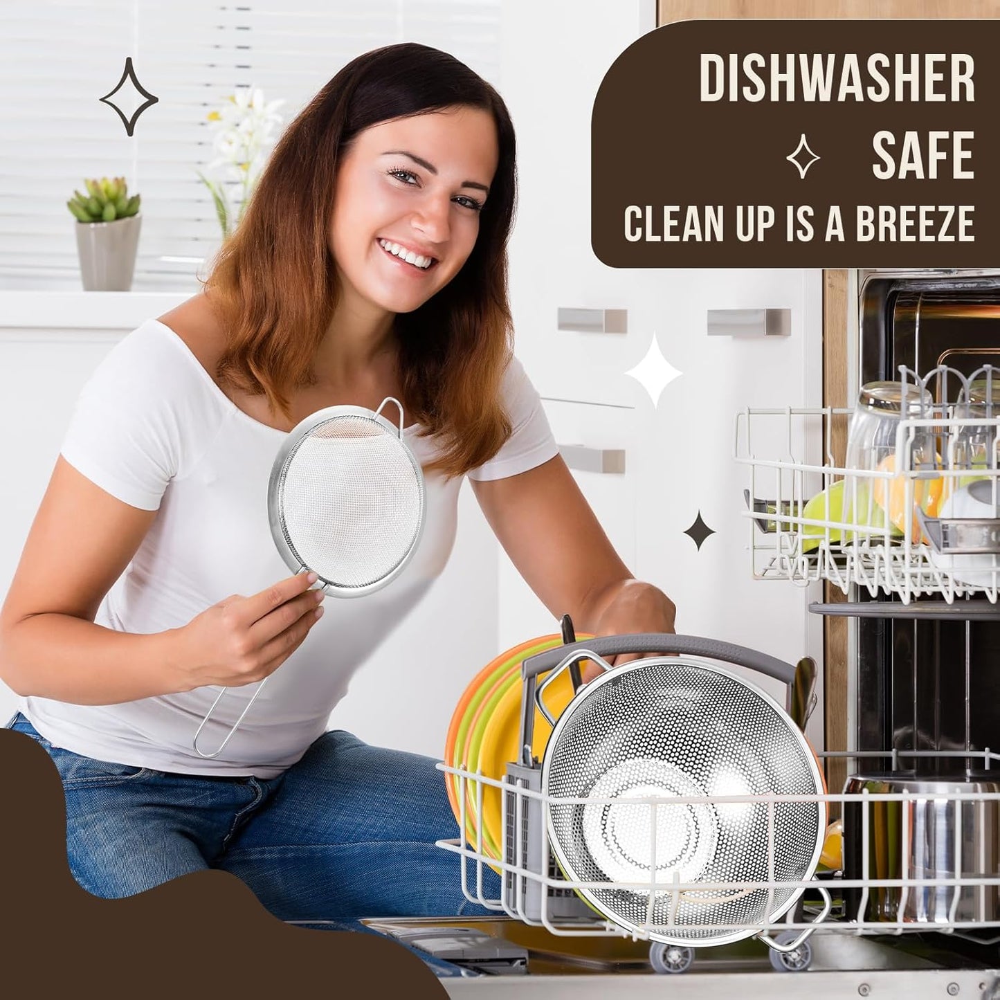 Norme 5 Quart Stainless Steel Silver Colander and 3 Pcs Silver Fine Mesh Strainer, Stainless Steel Pasta Rice Food Metal Strainer with Handles, Easy Clean and Dishwasher Safe