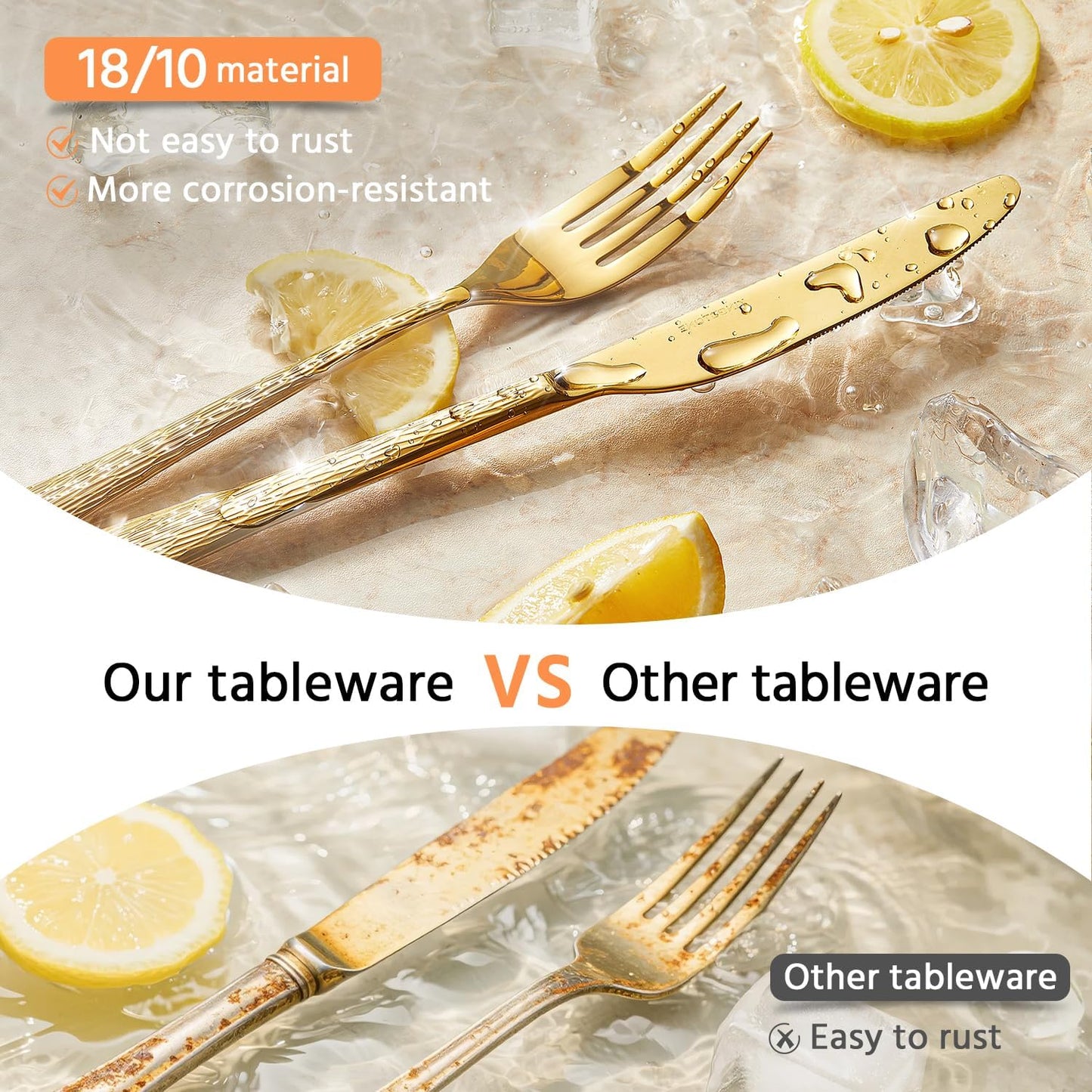 KINGSTONE Gold Hammered Silverware Set, Flatware Set with Serving Utensils, 18/10 Stainless Steel Premium Cutlery with Unique Ripple Handles Design Mirror Polished - Dishwasher Safe (65-Piece)