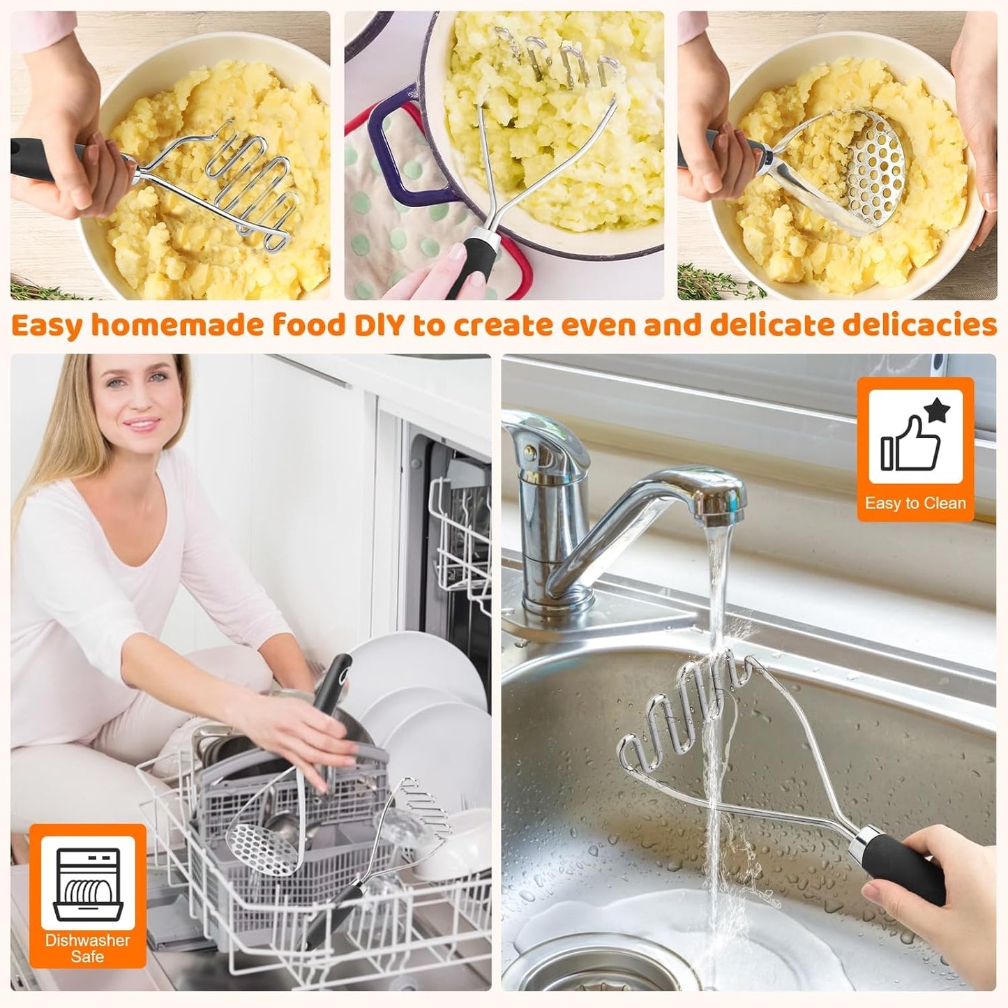 Potato Masher Set of 2 Pieces, 10.25-Inch Stainless Steel Wire Mashed Potato Masher, Kitchen Gourmet Making Tools Professional Integrated Honeycomb, For Vegetable, Fruit, Melon, Potato Etc, Black