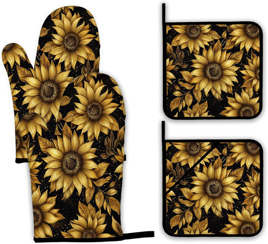 Vintage Sunflower Oven Mitts and Pot Holders,Sparkling Heat Resistant Oven Mitts Gloves and Pot Holder for Home Kitchen Decorations Cooking Baking BBQ Gifts,Set of 4
