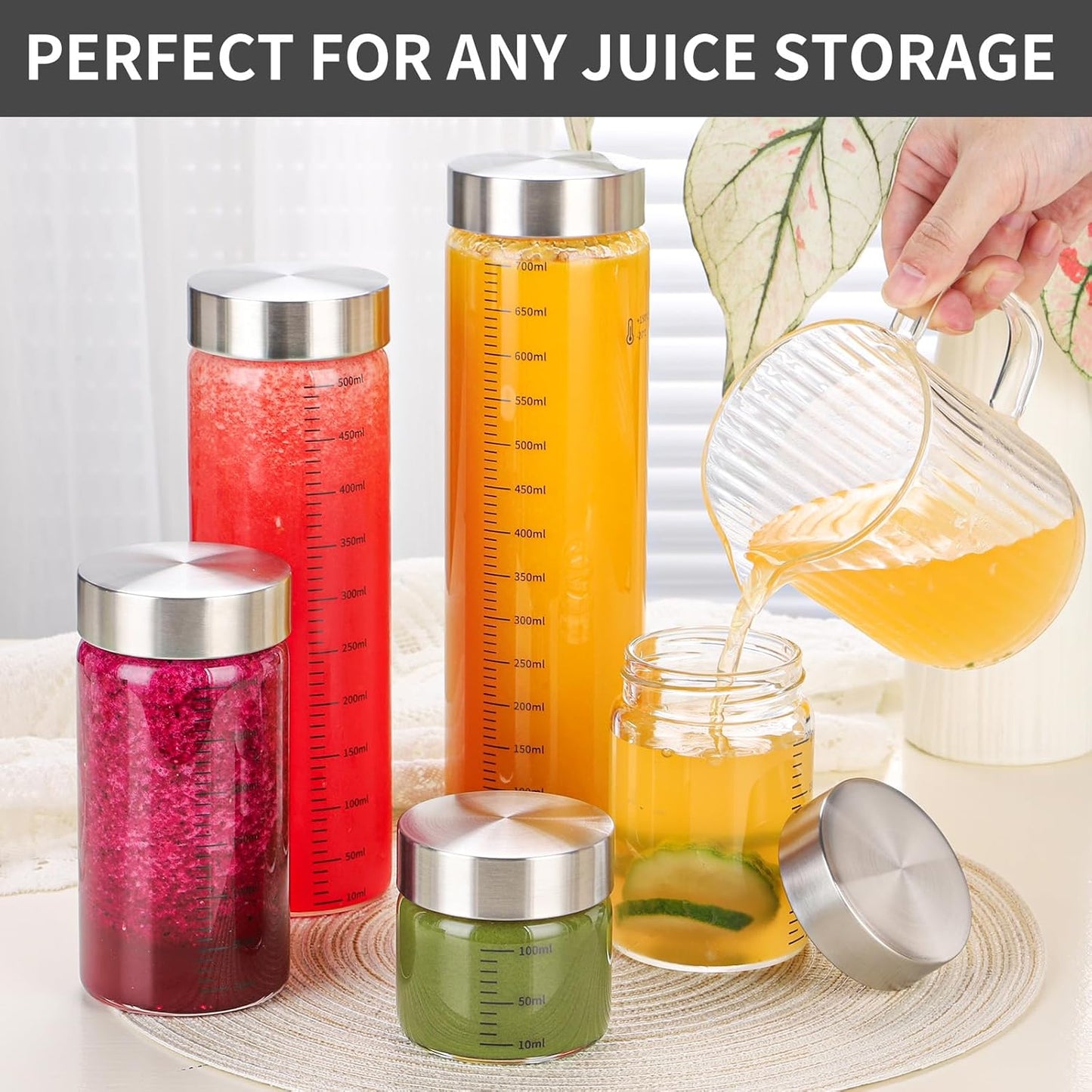 25 Oz Glass Juice Bottles, 4 Pack Glass Bottles with Lids, BPA Free, Borosilicate Glass, Leak Proof Lids for Juicing, Smoothies, Infused Water, Beverage Storage, Shaker Bottles