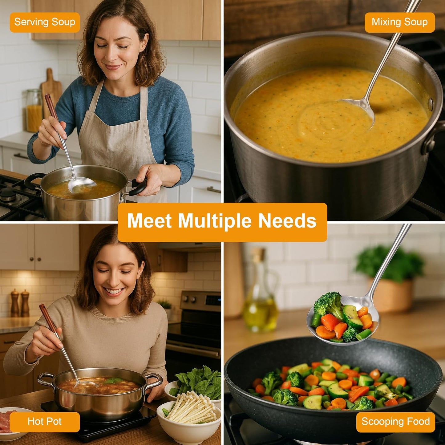 FJNATINH Soup Ladle, Stainless Steel Cooking Ladle for Soup Sauces, Kitchen Ladle Spoon with Heat-proof Wooden Handle, Easy to Clean