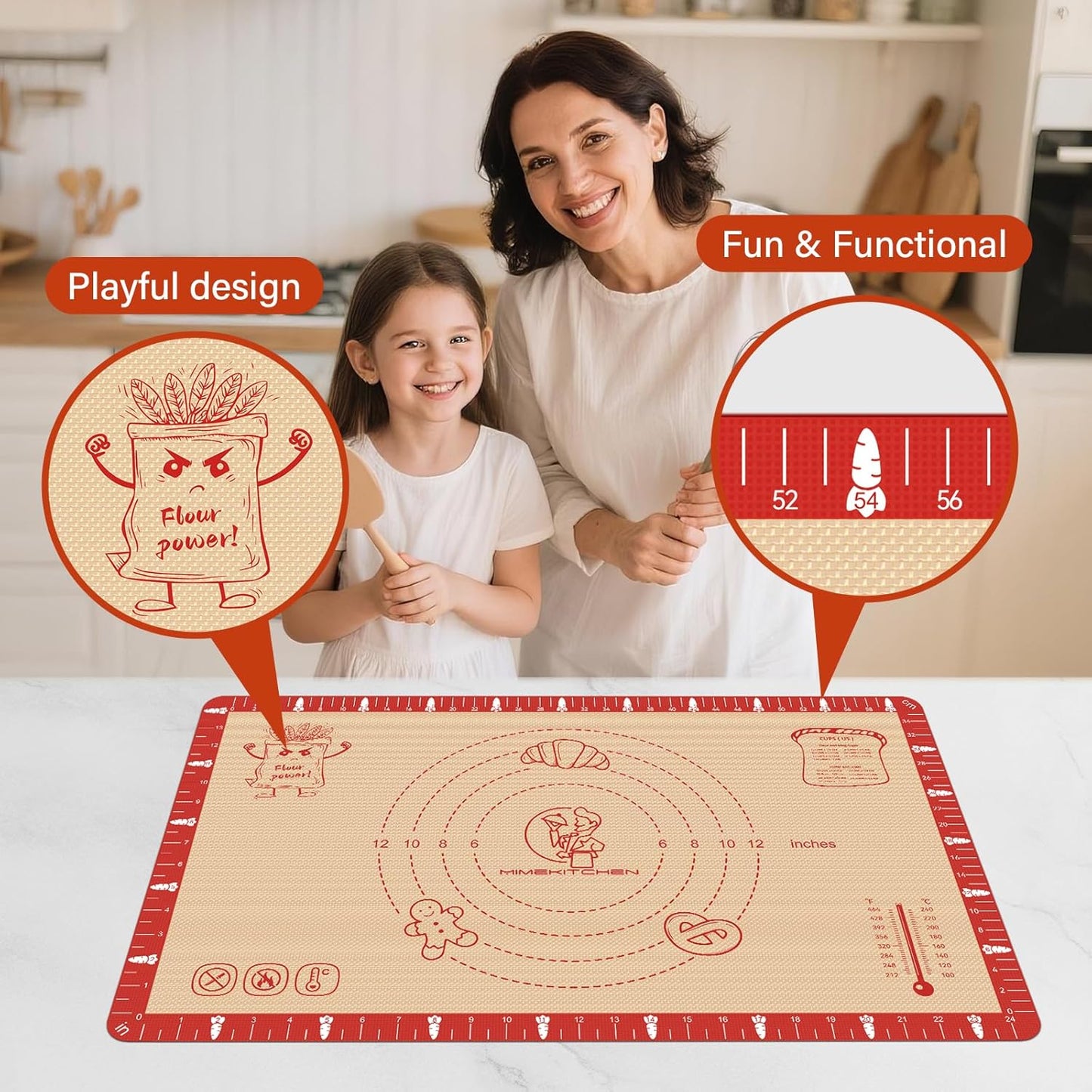 Non-Slip Silicone Baking Mat - 26x16 inch Extra Thick Pastry Mat with Measurements for Sourdough, Macarons, Bread, Pizza, Dough Rolling, Kneading, Heat Resistant to 480°F Gift for Baker