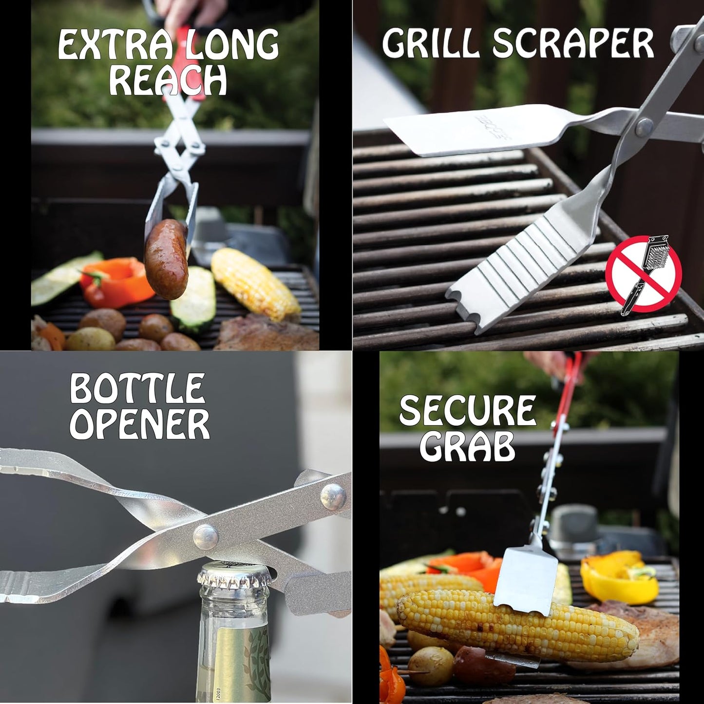 BBQ Croc 3 in 1 Barbecue Tool 26-inch - Extra Light and Super Long Heavy Duty Tongs, Spatula and Grill Scraper (Red) - Longest BBQ Tool Ever!