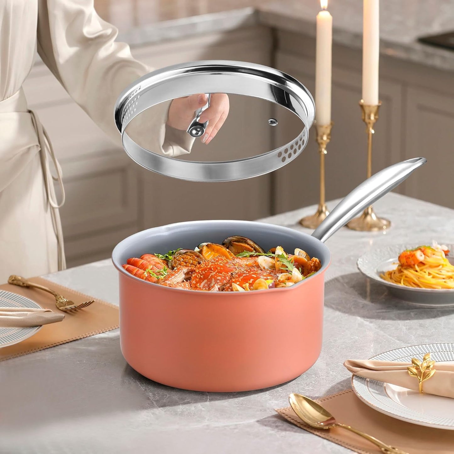 Nonstick Ceramic Saucepan 2.5 Qt,Sauce Pot with Strainer Lid,Two Side Spouts for Easy Pour with Ergonomic Handle,Non Toxic,PTFE &PFOA Free - Oven Safe Compatible with All Stovetops,Perracotta