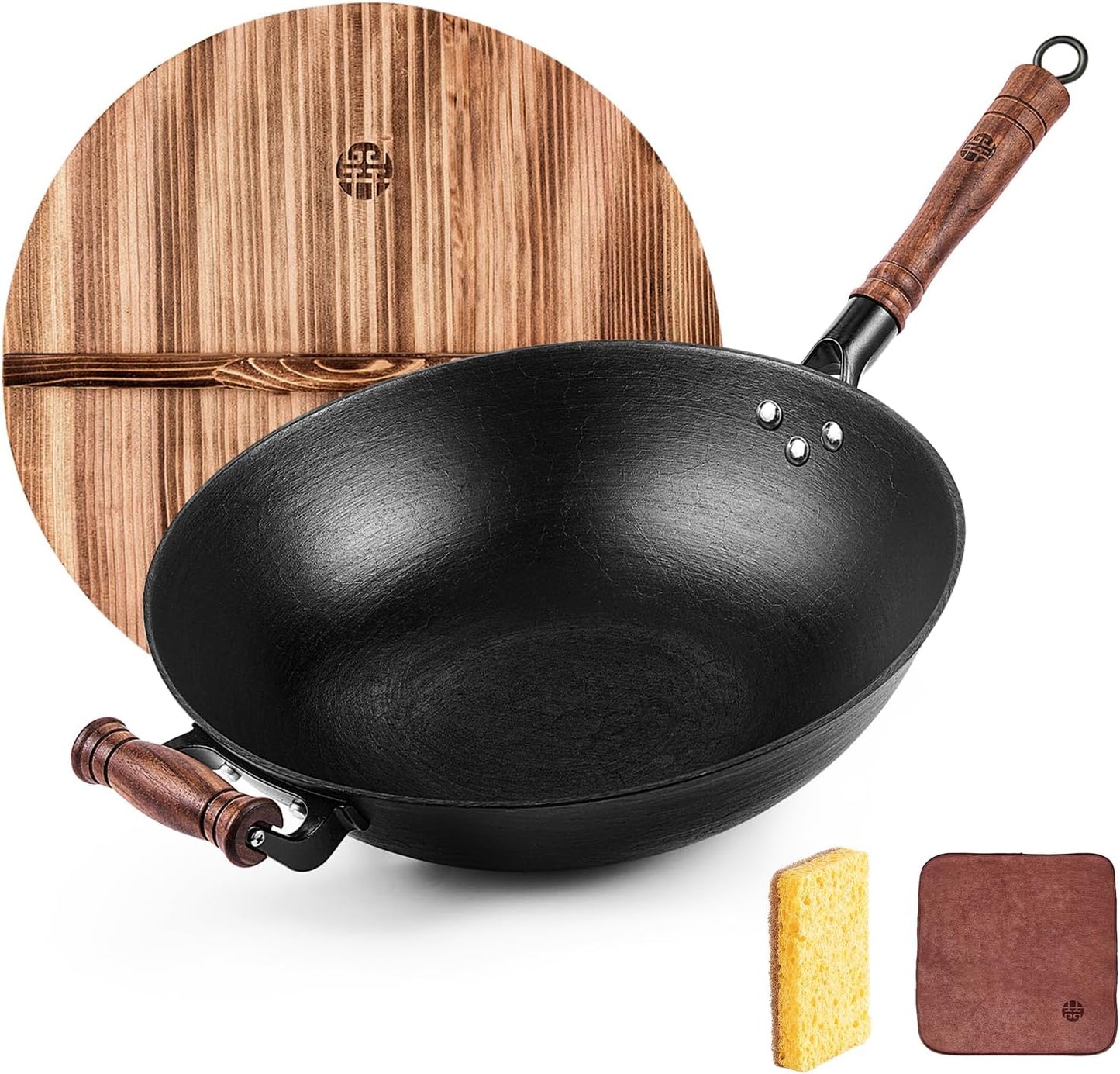 WANGYUANJI Cast Iron Wok Pan 14.2 inch Large Wok Stir Fry Pan Flat Bottom Wok with Lid and Wood Handle, Suitable for All Cooktops, Uncoated Craft Pot Healthy Cooking Pot