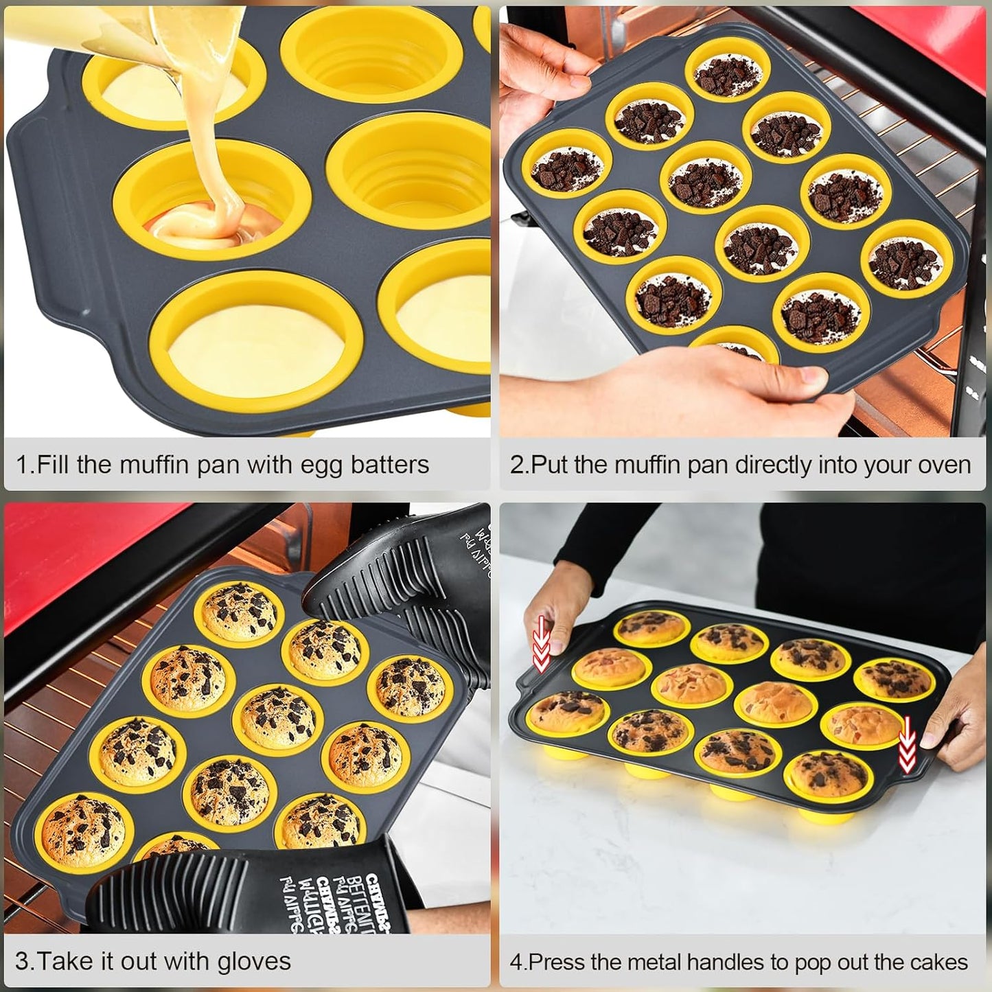 Silicone Muffin Pan, 12 Cups Cupcake Pans with Metal Frame Nonstick Muffin Tins Easy to Pop Out for Baking Cupcake Egg Bites BPA-free Cupcake Pan Mold (12 Cups Yellow)