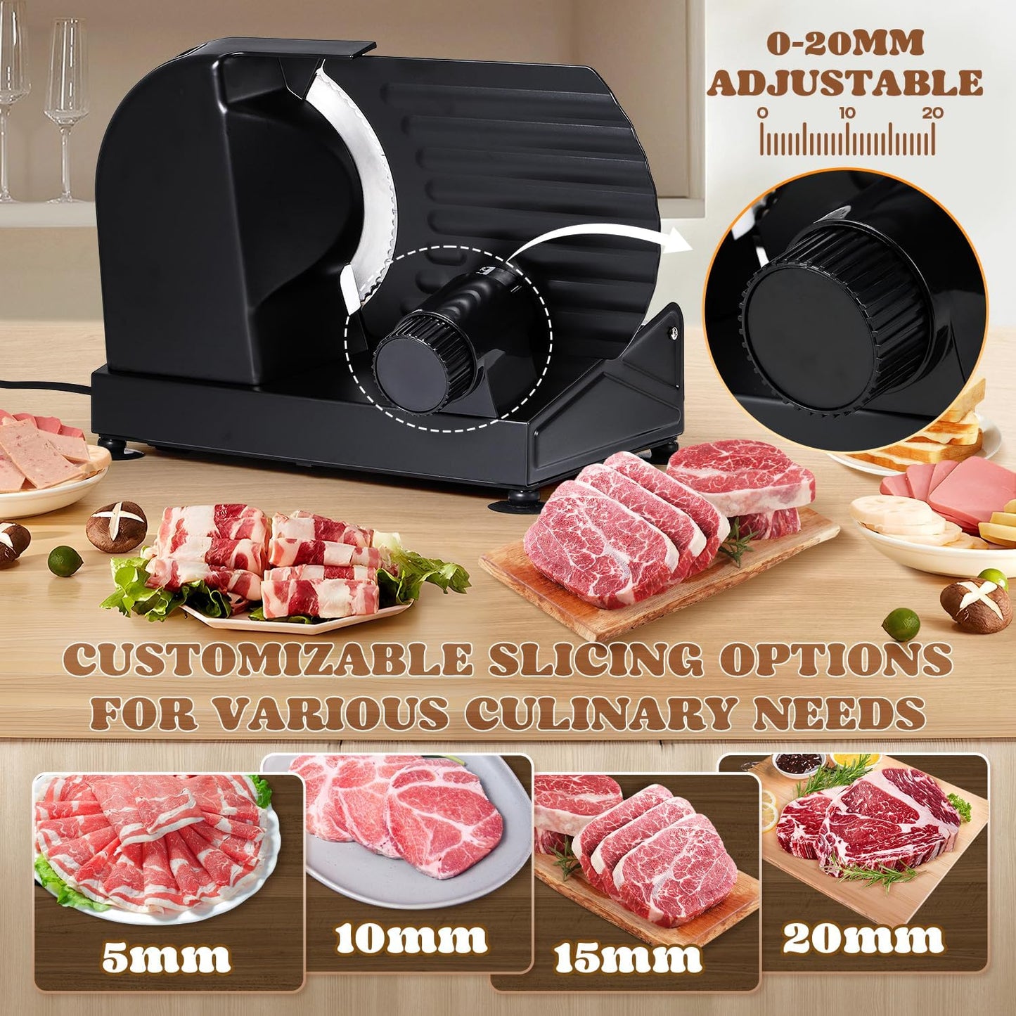 Moongiantgo Electric Meat Slicer 220W, 1-20mm Adjustable Thickness Deli Food Slicer with 2 Removable 7.3" Stainless Steel Blade, Removable Food Platform, Cheese Fruit Bread Slicer for Home,110V