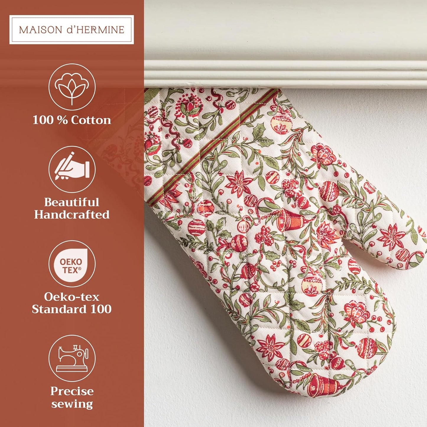 Maison d' Hermine Oven Gloves 100% Cotton Oven Mitt 7" x 13" with Loop Heat Resistant, BBQ, Cooking Gloves, Baking, Grilling, Kitchen, Handling Hot Pans (Pack of 1, Reveillon Au Jardin)