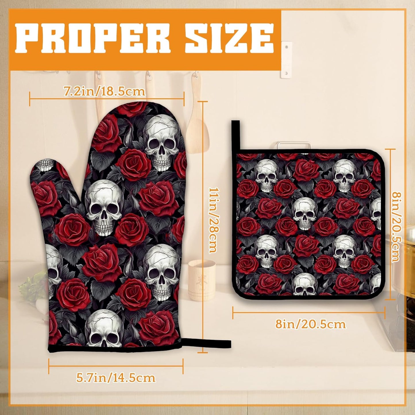 Skulls Oven Mitts and Pot Holders Set,Red Roses Kitchen Oven Gloves and Pot Holder with Heat Resistant Non Slip for Cooking Baking Grilling(4 Piece Set)