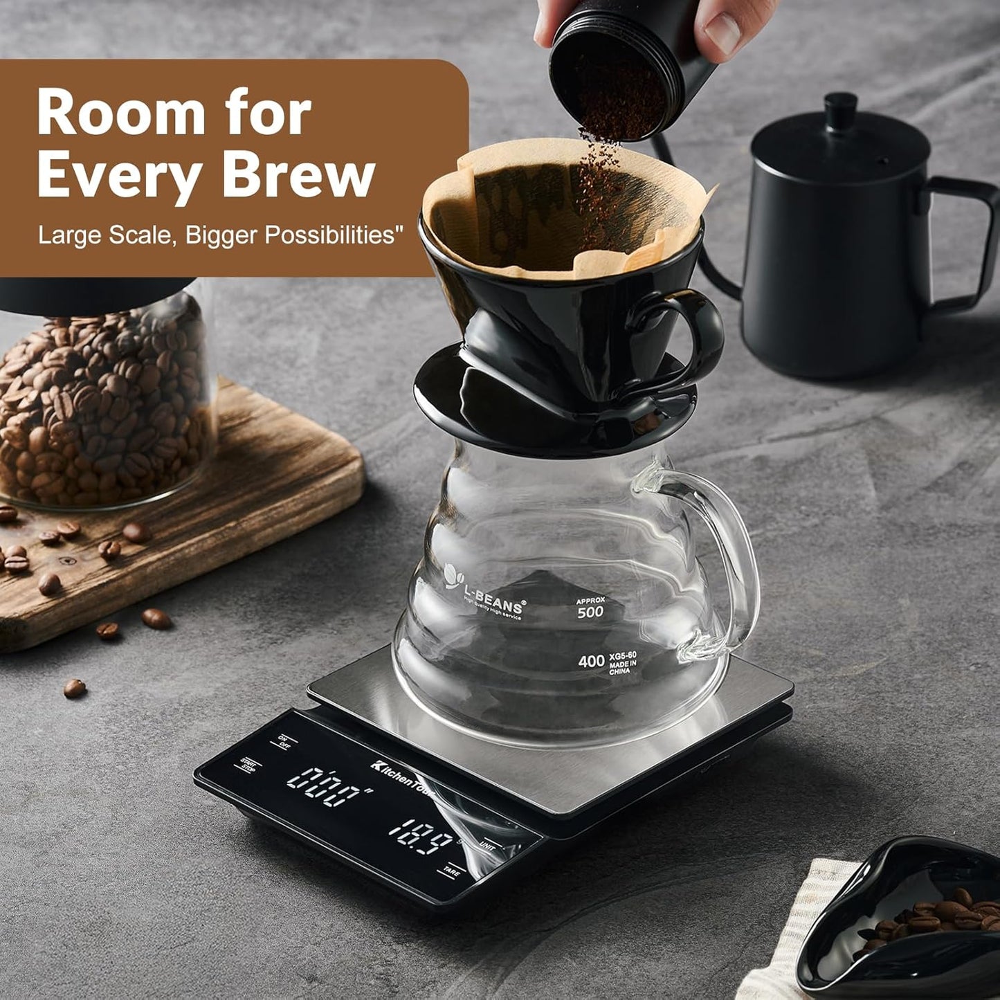 KitchenTour Coffee Scale with Timer 3kg/0.1g - High Precision Pour Over Drip Espresso Scale with Back-Lit LCD Display - Stain Steel Platform(Batteries Included)