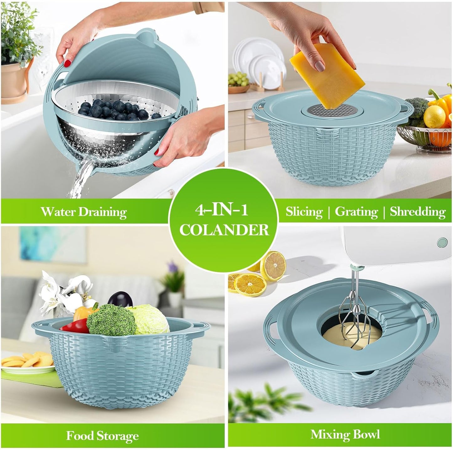 4-1 Colander with Bowl Set - Strainers for Kitchen, Food Strainers and Colanders, Pasta Strainer, Rice Strainer, Fruit Cleaner, Veggie Wash, Aesthetic Cooking Present Kitchen Essentials - Blue