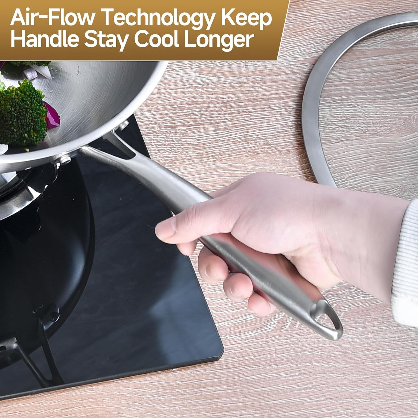 LOLYKITCH 14.5 Inch Tri-Ply Stainless Steel Wok Pan, Stir-Fry Pan,Induction Chef's Cooking Pan,Dishwasher and Oven Safe,Heavy Duty and Detachable Handle