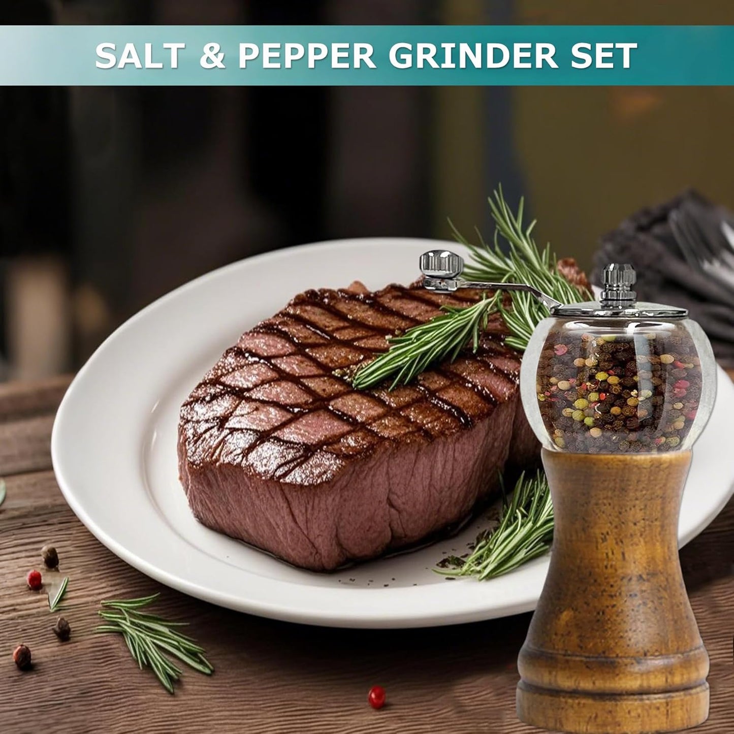 Pepper Grinder Set Classical Hand Shake Wood Manual Pepper Grinder, Setrefillable Wooden & Acrylic grinder,Ceramic Blades metal handle tools, Enjoy Fresh Ground Pepper Salts & spices 2PCS-6IN