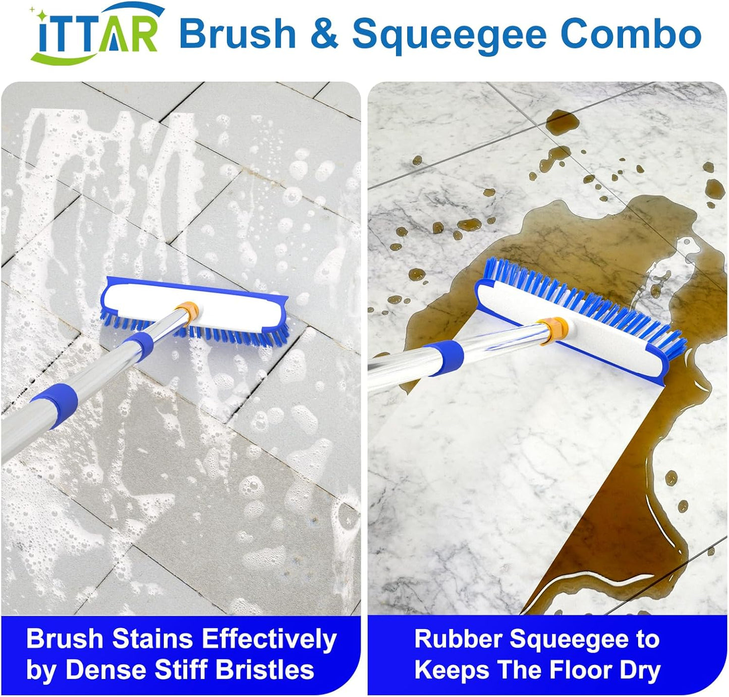 ITTAR 12" Wide Floor Scrub Brush with Long Handle, 2-in-1 Deck Cleaning Brush with 55" Extendable Pole, Heavy-Duty Tub Tile Scrubber Cleaner Brush for Shower Floor, Kitchen, Patio, Garage, Restaurant