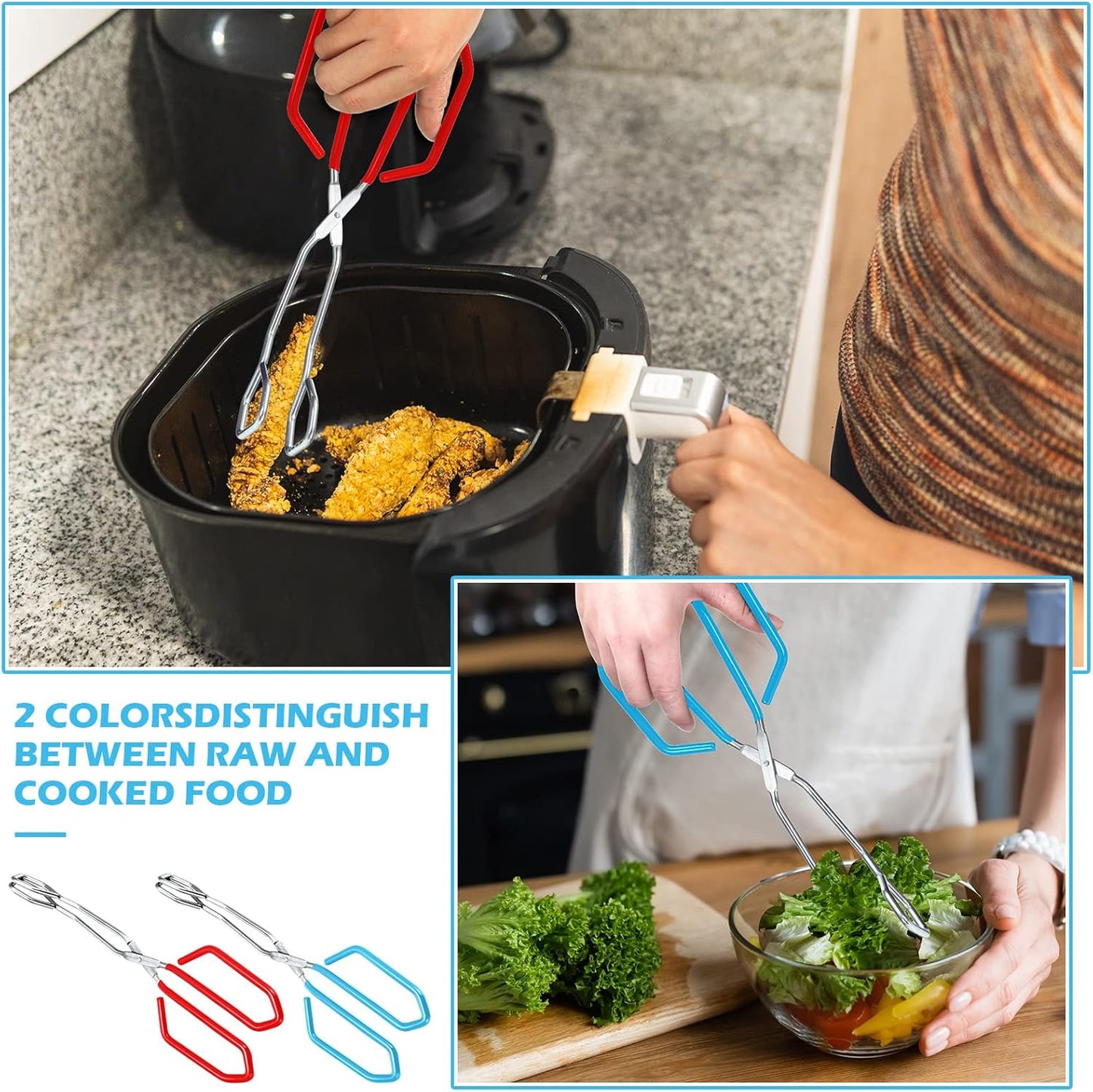 2 Pieces 10.6 Inch Stainless Steel Kitchen Scissor Tongs Heavy Duty Cooking Tongs, with Comfortable Red Blue Handle for Cooking Barbecue Food, Dishwasher Safe