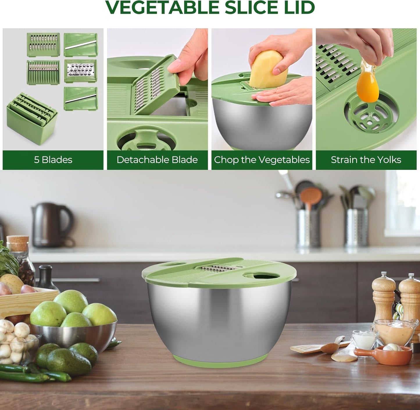 SUSTEAS Stainless Steel Salad Spinner Large, Vegetables Wash Bowl, Fruits & Herb Lettuce Dryer with 5 Blade Slicer Egg Yolk Strainer Shredder for Efficient Salad Preparation and Food Washing, 4.25Qt