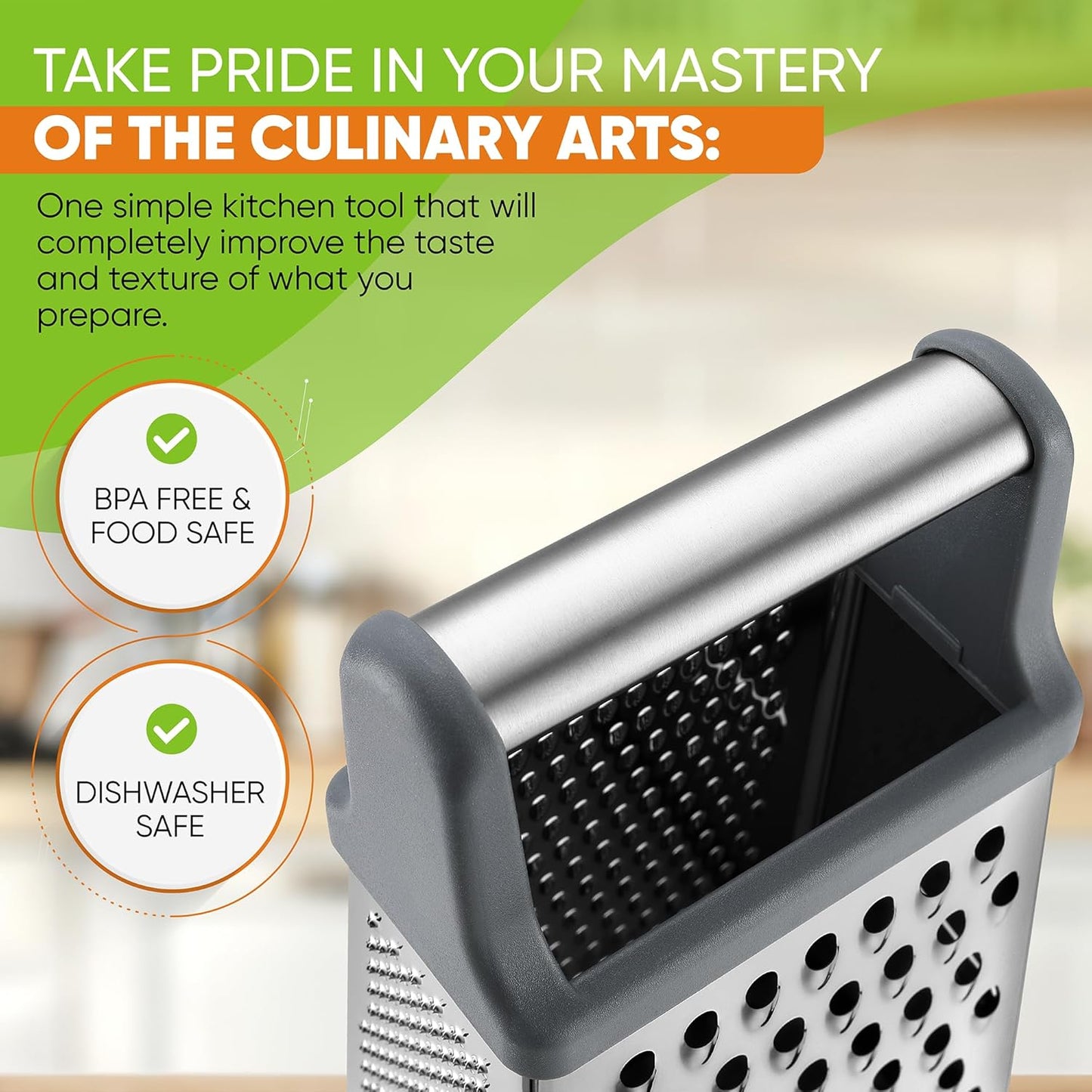 Spring Chef Professional Cheese Grater - Stainless Steel Box Grater for Kitchen, XL Size, 4 Sides - Perfect Shredder for Parmesan Cheese, Carrot, Potato, Ginger - Dishwasher Safe - Gray