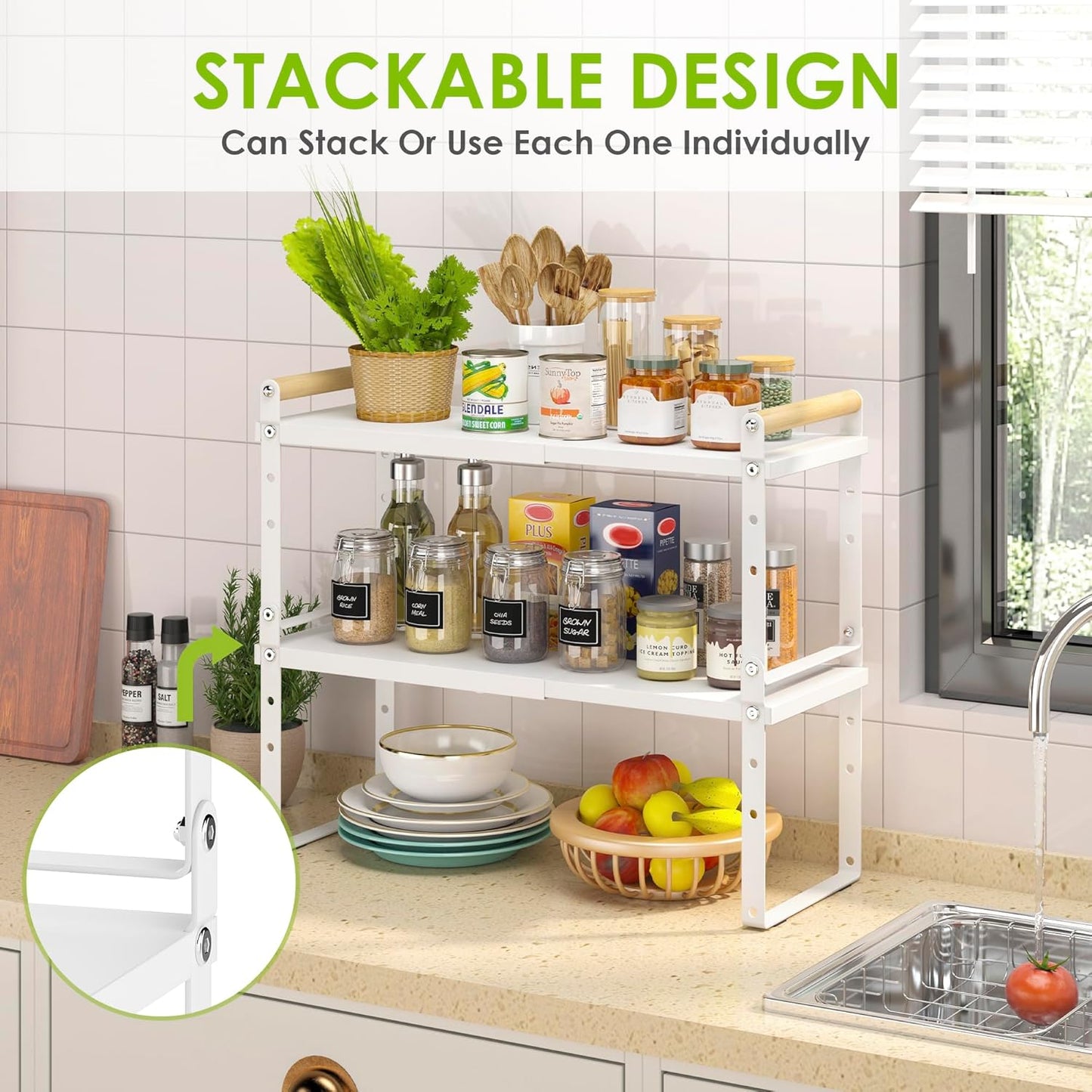 DOLALIKE Expandable kitchen Countertop Organizer, Stackable Cabinet Shelf Organizers, Space Saving Spice Rack Pantry Storage for Bathroom Office Organization (6.9''D*13-19.7''W*7.9''H, White)