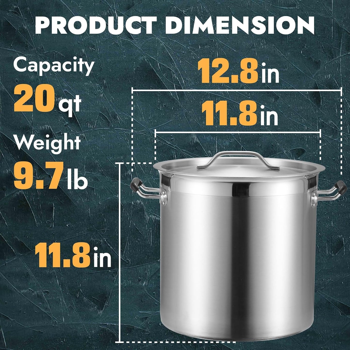 CURTA 20 Quart Large Stock Pot with Lid, NSF Listed, 3-Ply 18/8 Stainless Steel Cooking Pot, Commercial Cookware for Soup, Stew & Sauce, Riveted Silicone Handle