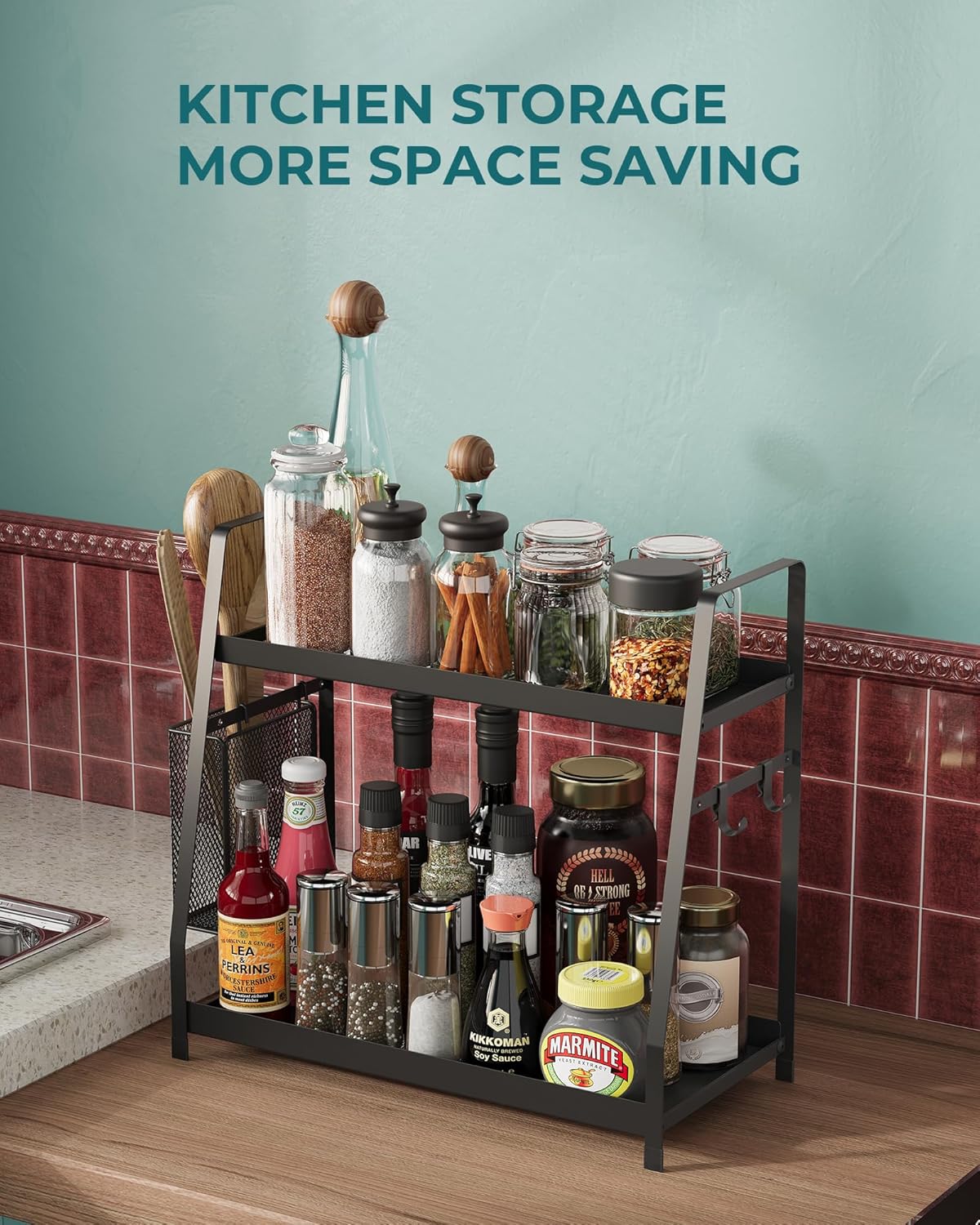 OROPY 2 Tier Spice Rack for Countertop, Metal Standing Kitchen Storage Organizer Shelf, Counter Shelf for Cabinet,Pantry,Bathroom,Bedroom, with Hanging Basket