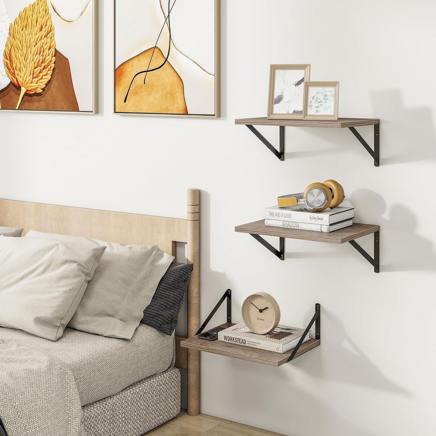 Heimlove Deep Floating Shelves for Wall, 12 Inch Deep Floating Shelves Set of 3, 16W x 12D Wood Wall Shelves, Wide Wood Shelves with Metal Bracket for Living Room, Kitchen, Office, Bedroom - Grey