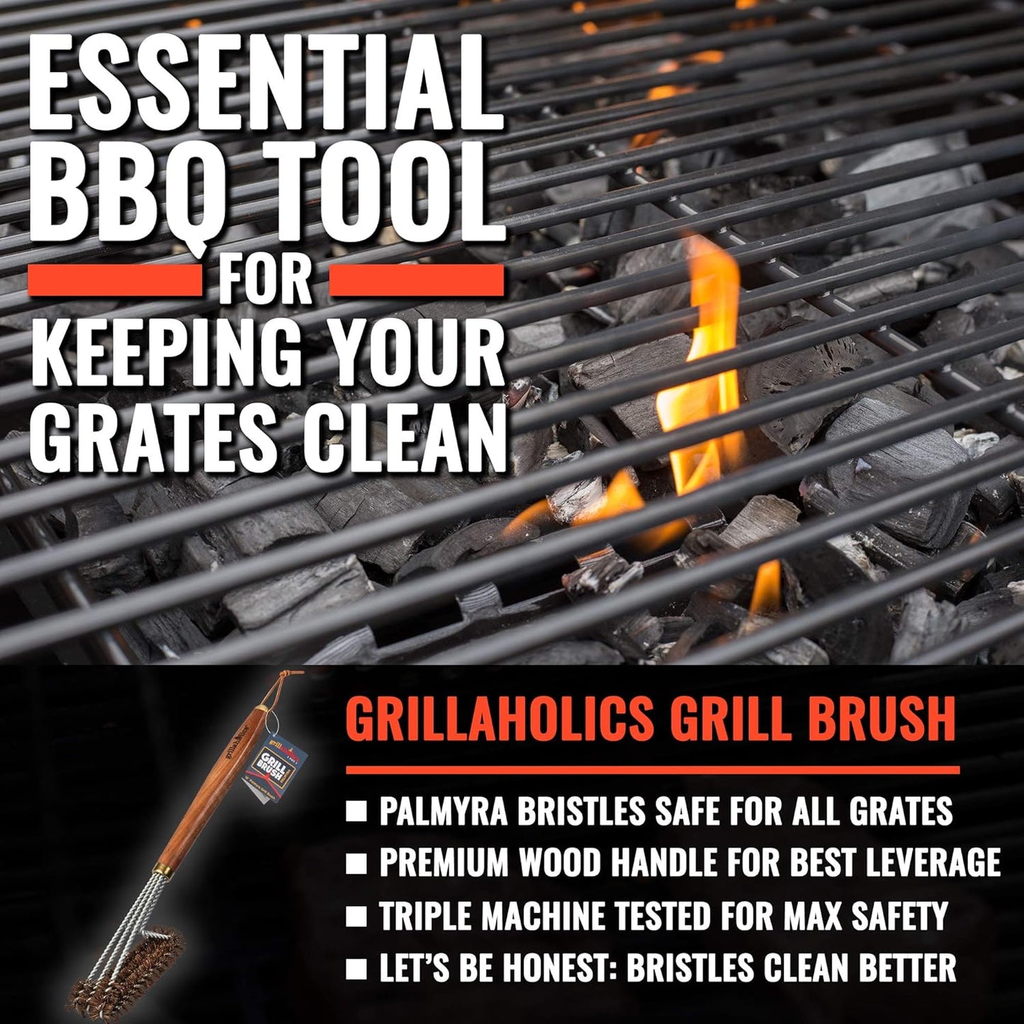 Grillaholics Pro Grill Brush Palmyra - Better Than a Bristle Free Grill Brush Natural Palmyra Bristle Brushes Clean Between The Grates and Season Your Grates