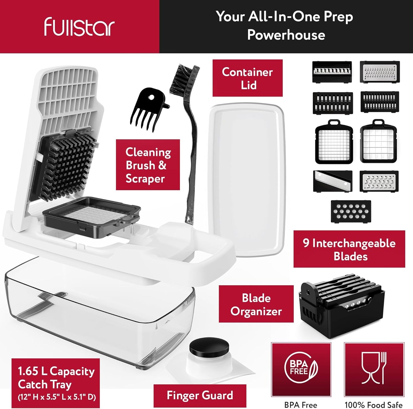 Fullstar Vegetable Chopper & Mandoline Slicer for Kitchen - Food Chopper with Container, Cheese Grater, Home Essentials & Kitchen Gadgets (Lite - 9 in 1)