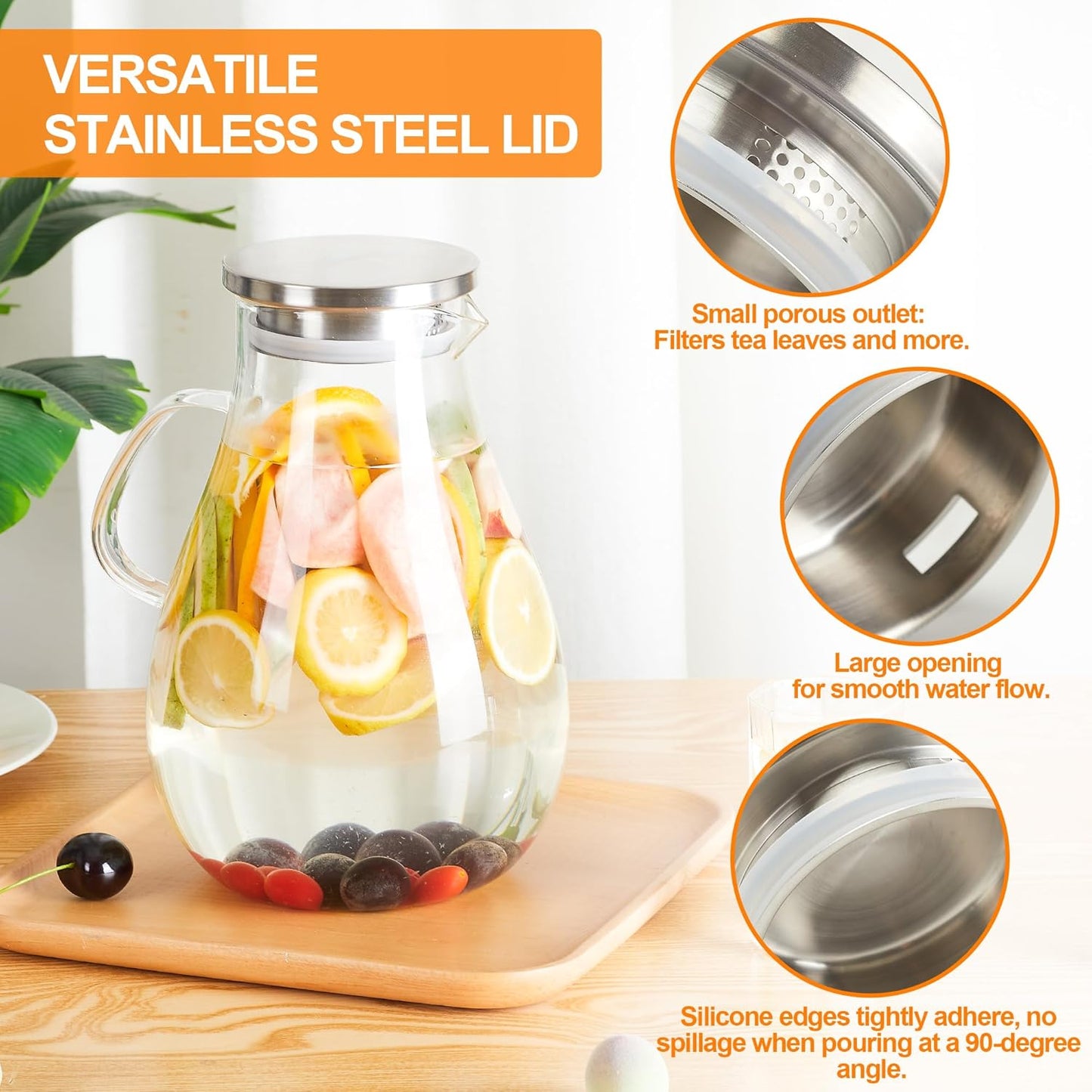 Glass Pitcher with Lid,1 Gallon Glass Water Pitcher Hot/Cold Water Jug, Juice and Iced Tea Beverage Carafe with Lid (Extra-Wide Mouth)