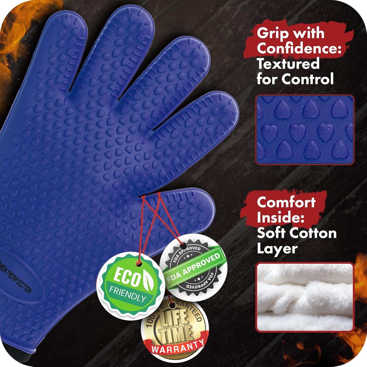 KITCHEN PERFECTION Silicone Smoker Oven Gloves -Extreme Heat Resistant Bbq Gloves -Handle Hot Food Right on Your Smoker Grill Fryer Pit|Waterproof Oven Mitts Grill Gloves |Superior Value Set+3 Bonuses