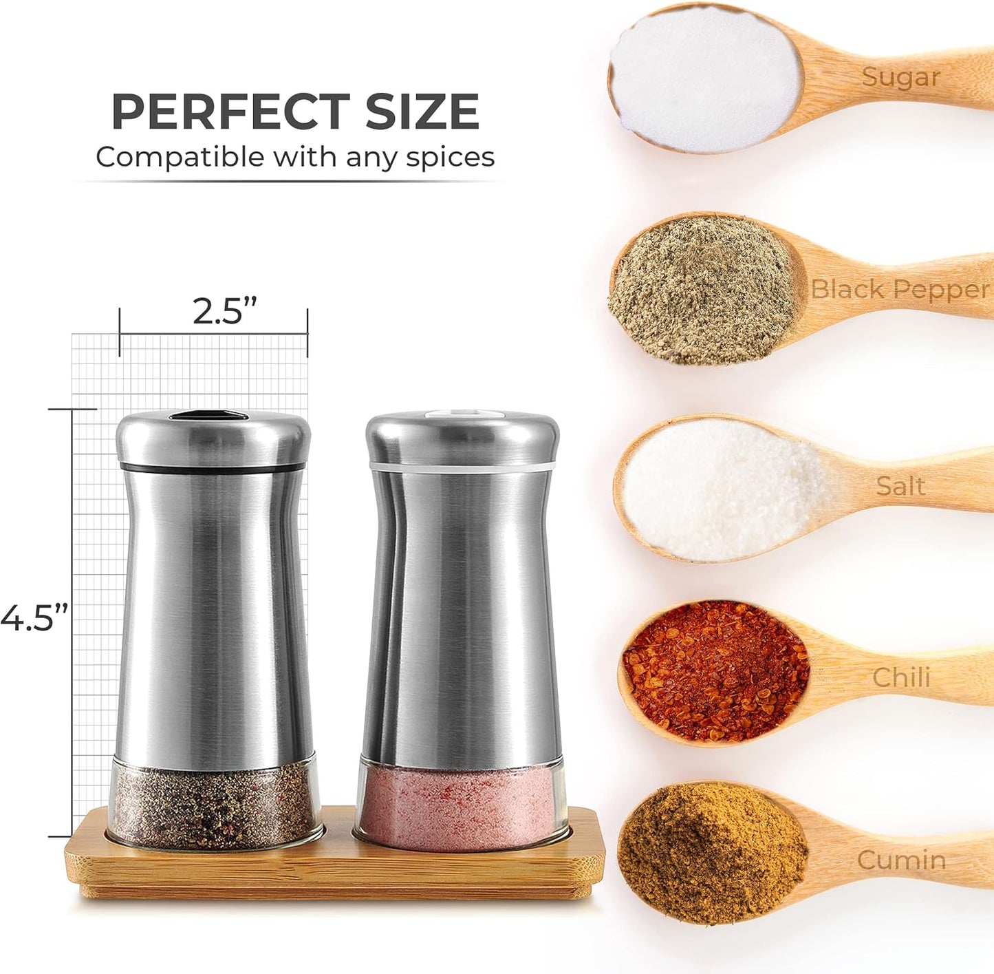 Salt and Pepper Shakers set with Adjustable Pour Holes - Elegant Stainless Steel Spice Dispenser - Perfect for Himalayan, Table Salt, White and Black Pepper (Salt & Pepper Shakers Set + Bamboo Stand)