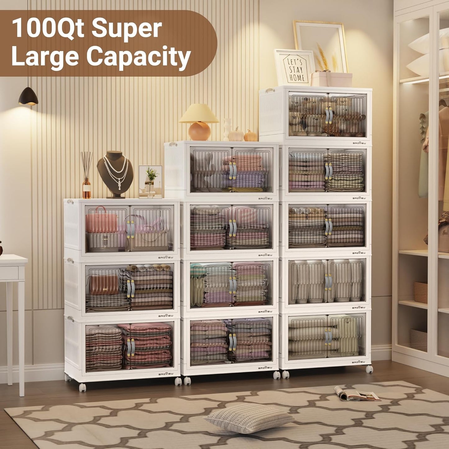 500Qt Stackable Storage Bins with Lid, Extra Large Closet Organizer Collapsible Drawer Boxes with Wheels, Folding Plastic Cabinet Containers for Home Kitchen Room Organization, 5Pack White