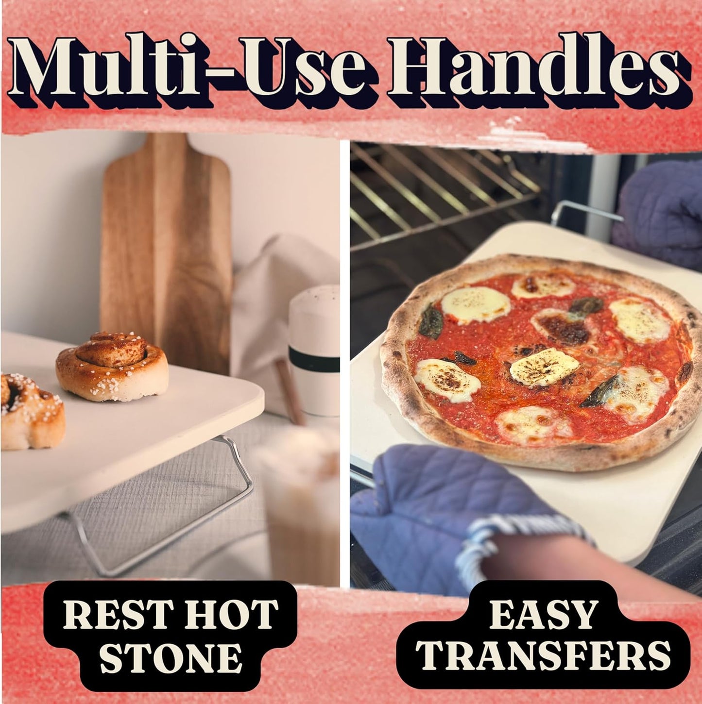Pizza Stone for Oven and Grill - Rectangle Pizza Stones with Handles and Dough Cutter - 15 inch x 12 inch Grilling Stones - Baking Stone for Bread - Large Oven Stone