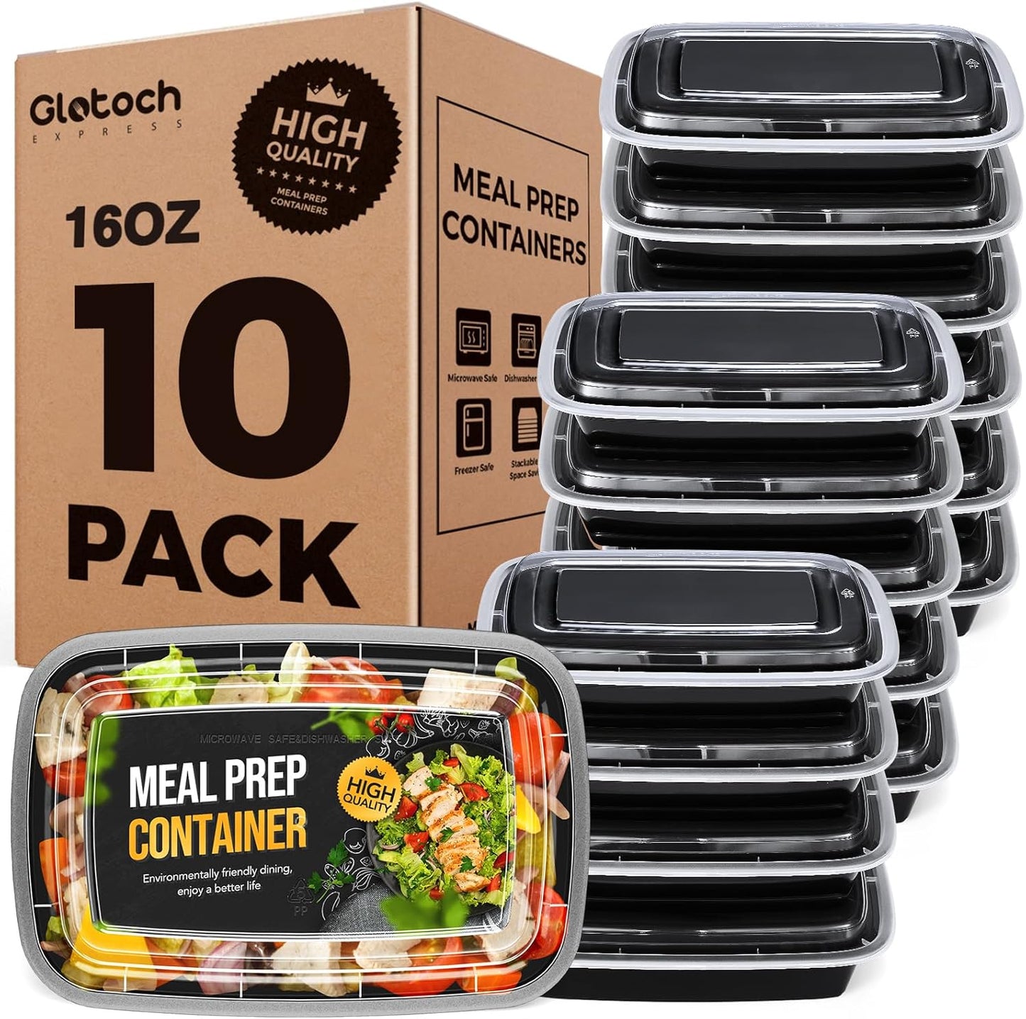 20-Piece (10-Pack) 16 OZ Meal Prep Containers Reusable with Lids, Sturdy Leakproof & Food Safe, Microwave, Freezer, Dishwasher Safe To Go Food Containers, Plastic Take Out Containers, Black