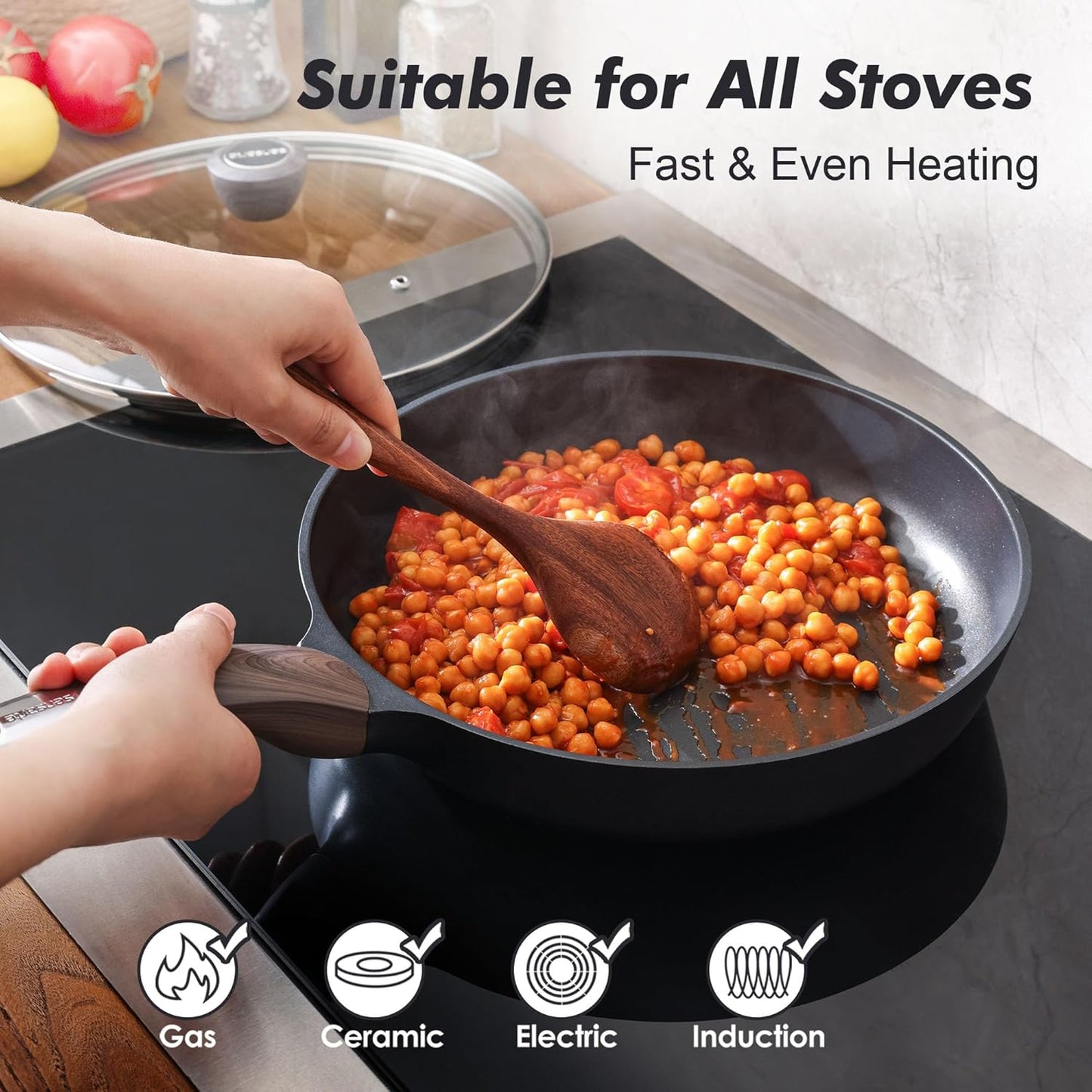 SENSARTE Nonstick Frying Pan Skillet with Lid, 8inch Non Stick Pan Omelette Pans, Healthy Kitchen Cooking Chef's Pan with Cover, Free of Intentionally Added PFOA/PFOS, Induction Compatible, Black