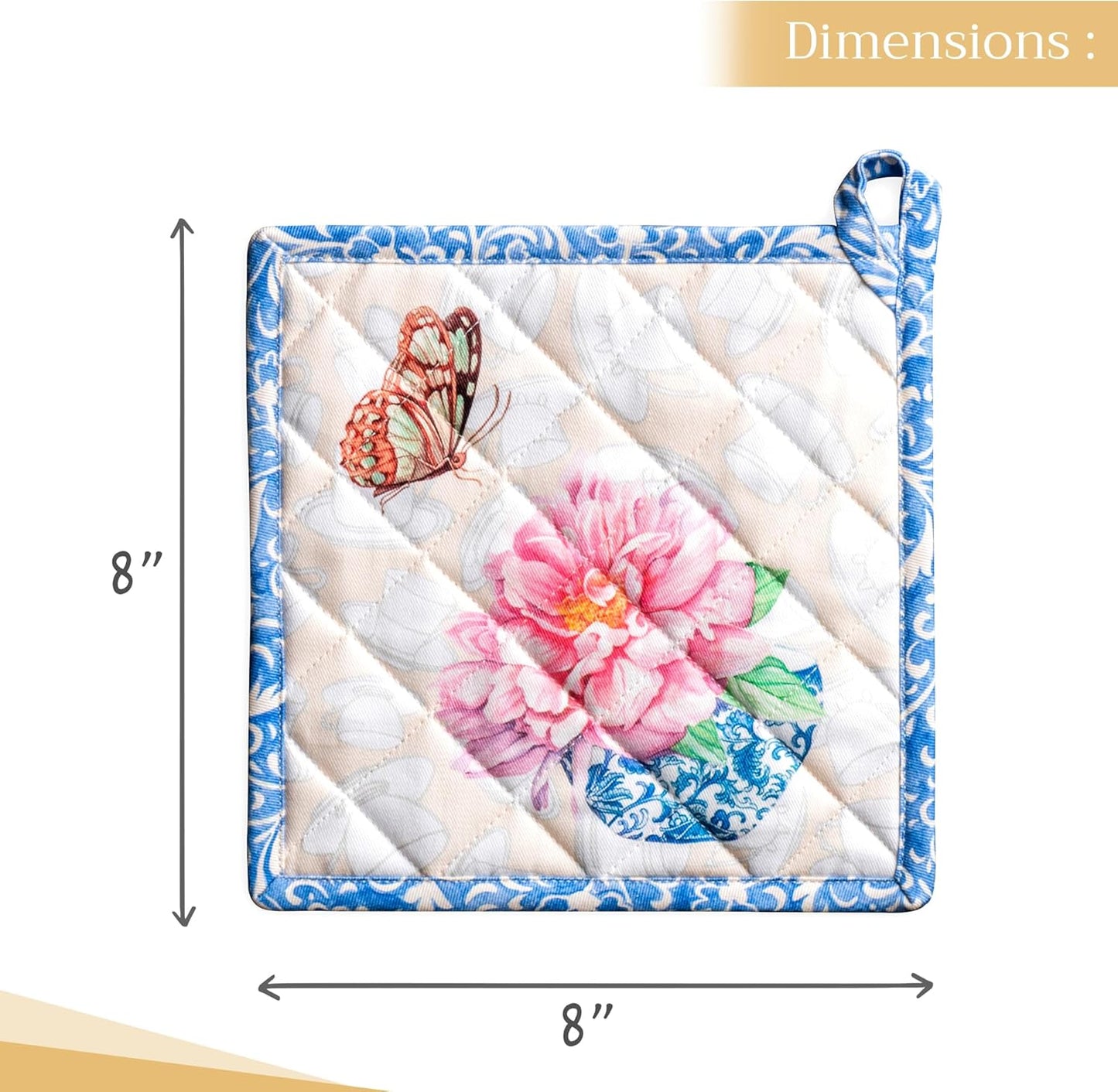 Maison d' Hermine Pot Holders Set 100% Cotton Heat Resistant Potholders 8" x 8" Hot Pads with Loop BBQ, Cooking, Baking, Grilling, Kitchen, Handling Hot Pans Spring/Summer (Pack of 2, Canton)