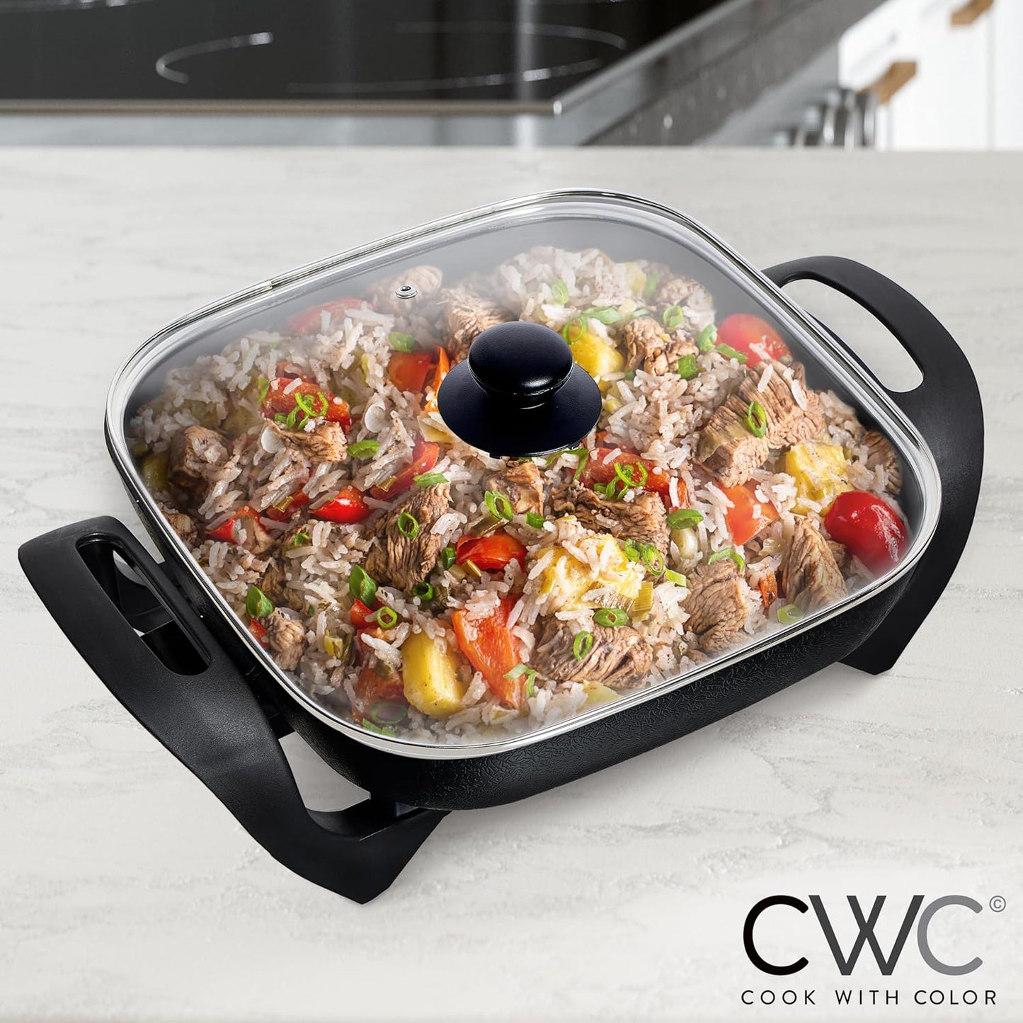 COOK WITH COLOR Electric Skillet - 12" x 12" Ceramic Nonstick Pan, PFAS-Free, 1400W, Tempered Glass Lid, Variable Temperature, Removable Heating Probe, Cool-Touch Handles, Black