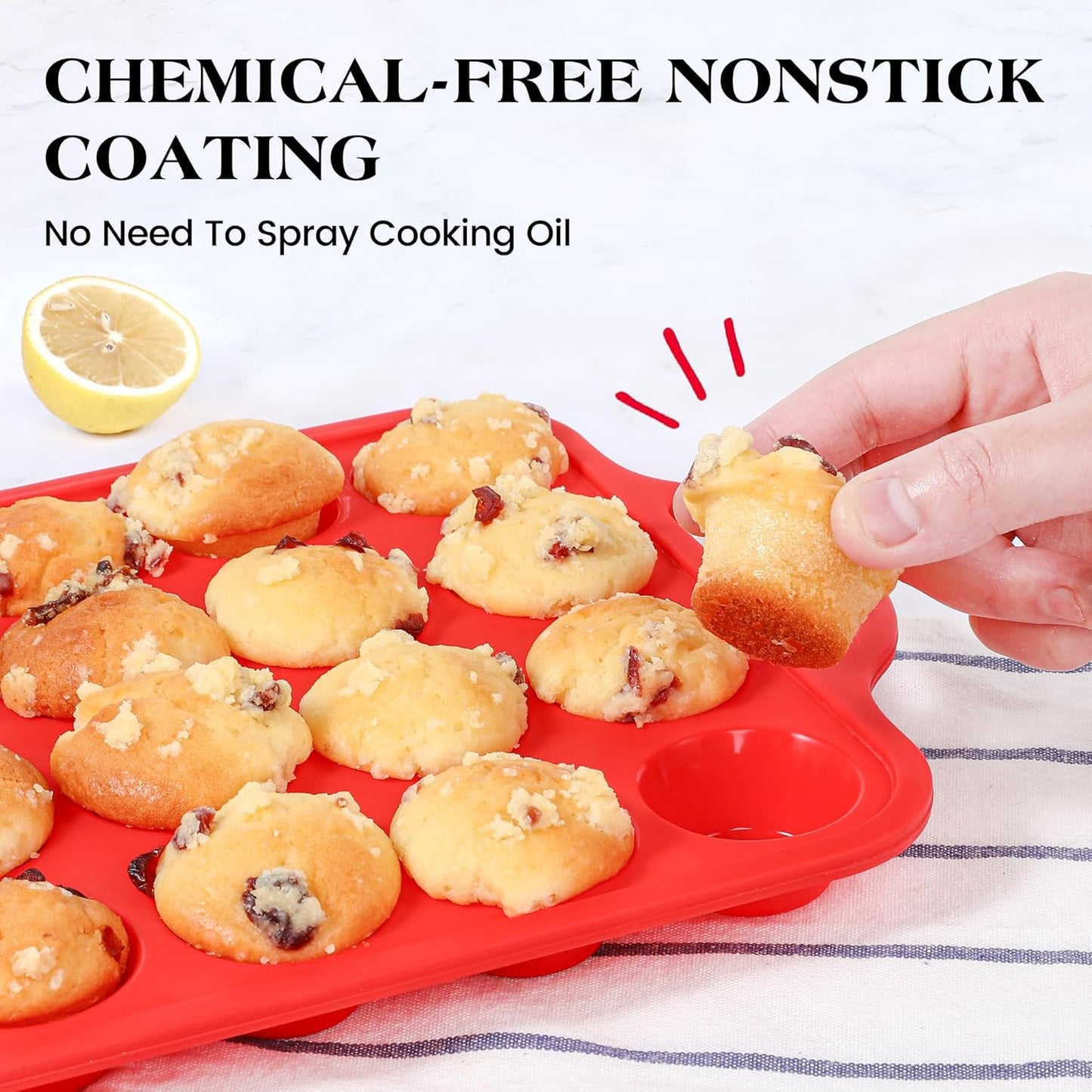 3 Pcs Silicone Baking Pan Set - Including 1 Pc Mini Loaf Pan, 1 Pc Standard Muffin Pan and 1 Pc Mini Muffin Pan - Silicone Cupcake Molds With Metal Reinforced Frame (Red)